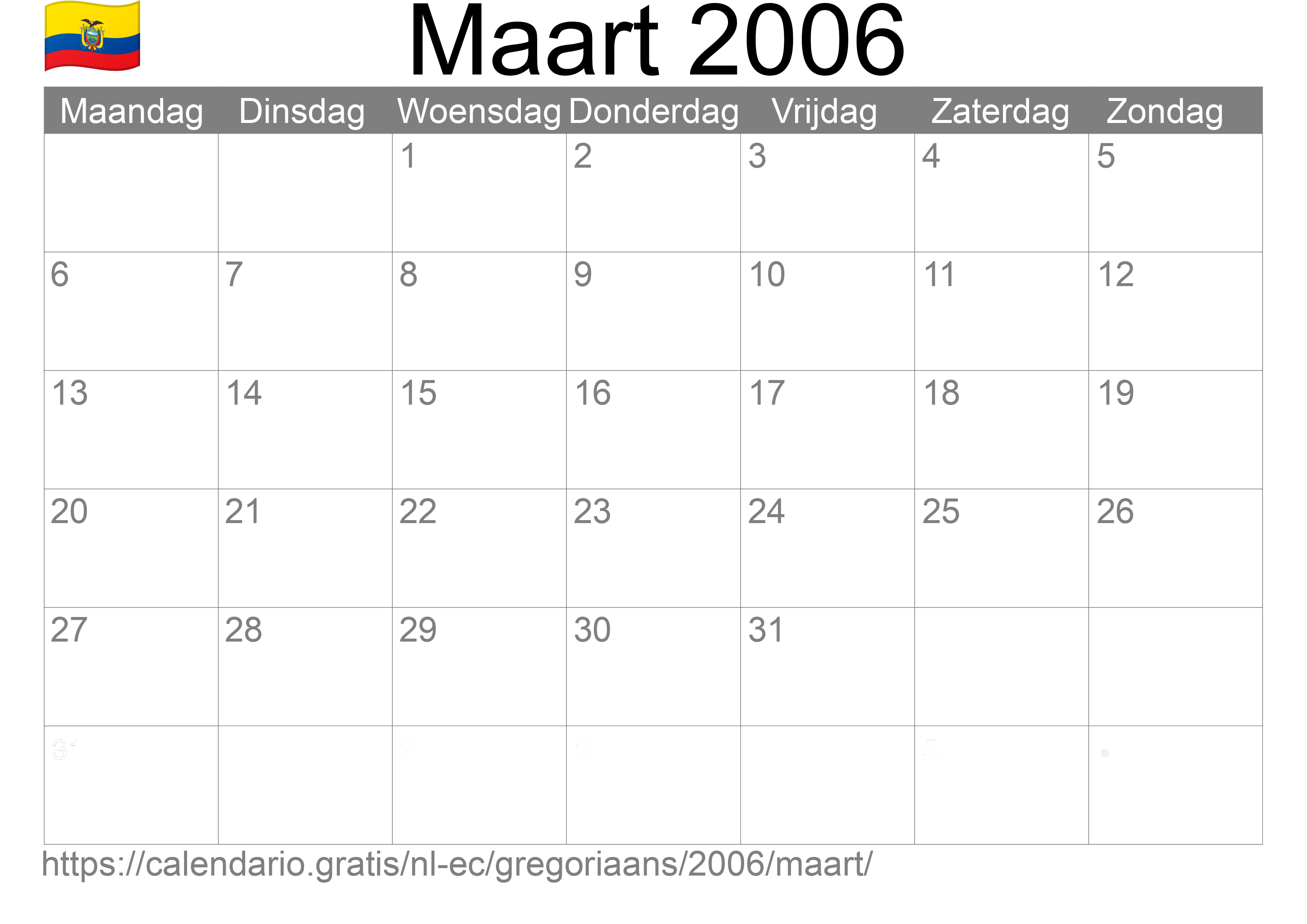 Kalender Maart 2006 om af te drukken