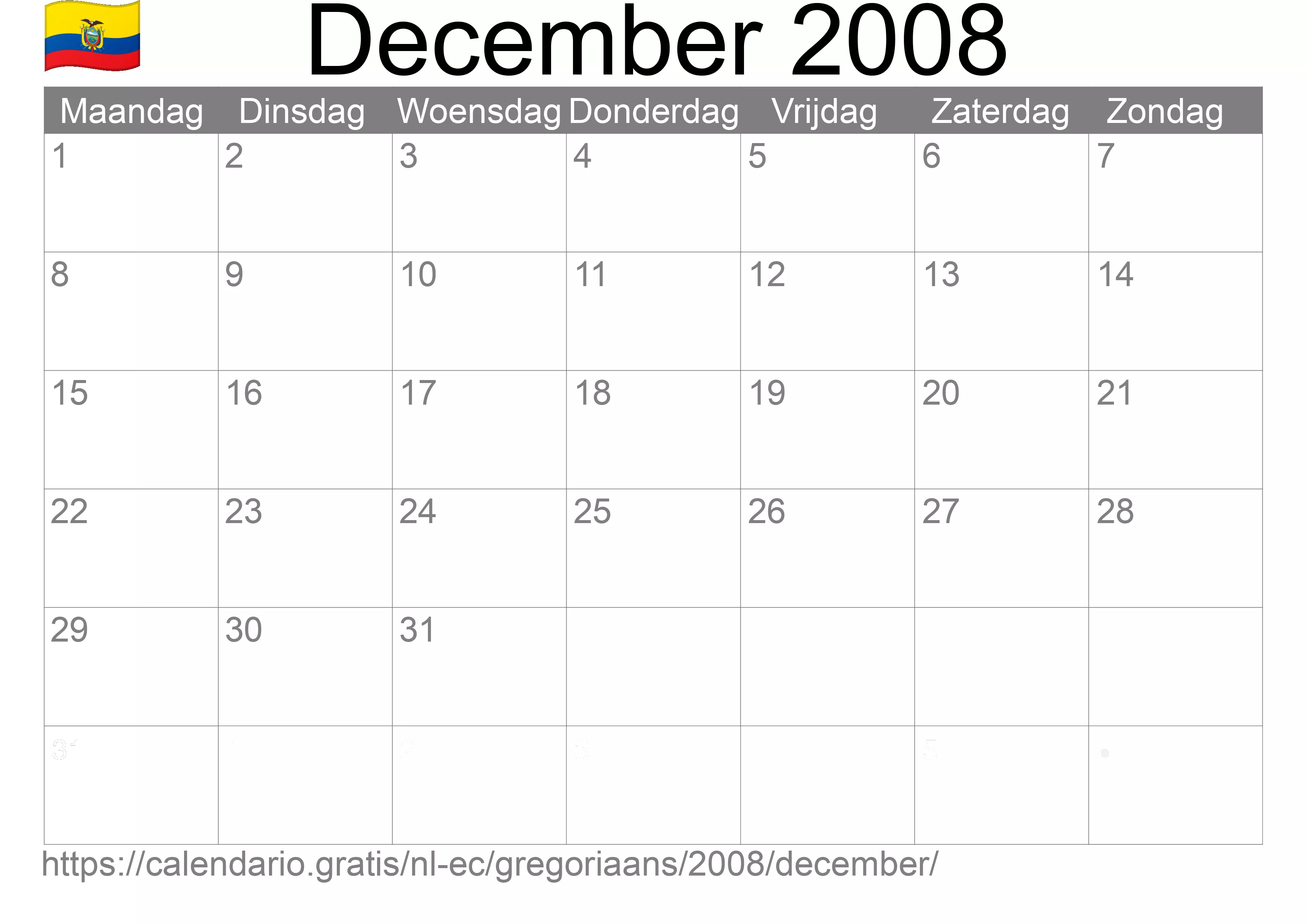 Kalender December 2008 om af te drukken (Ecuador)