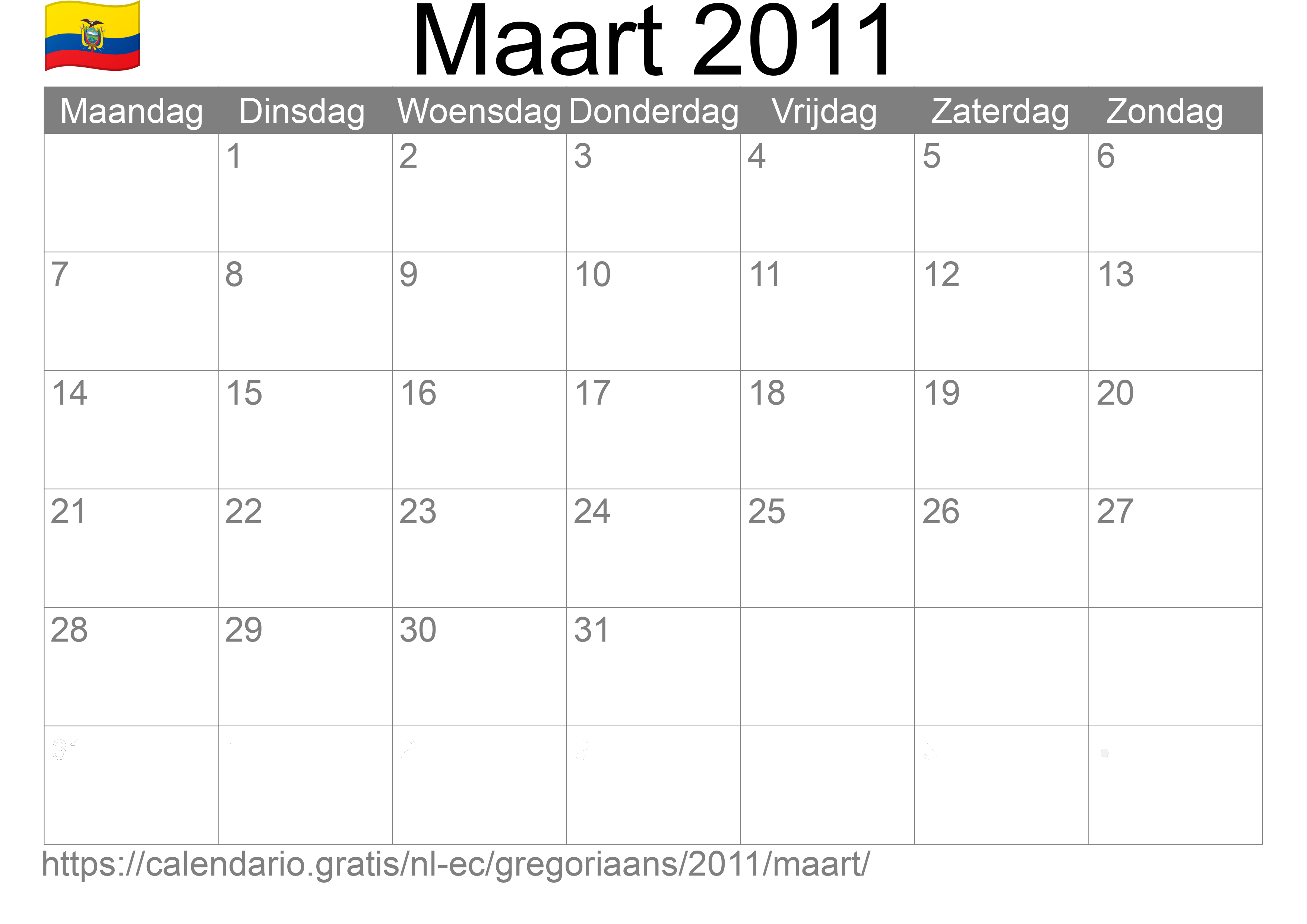 Kalender Maart 2011 om af te drukken