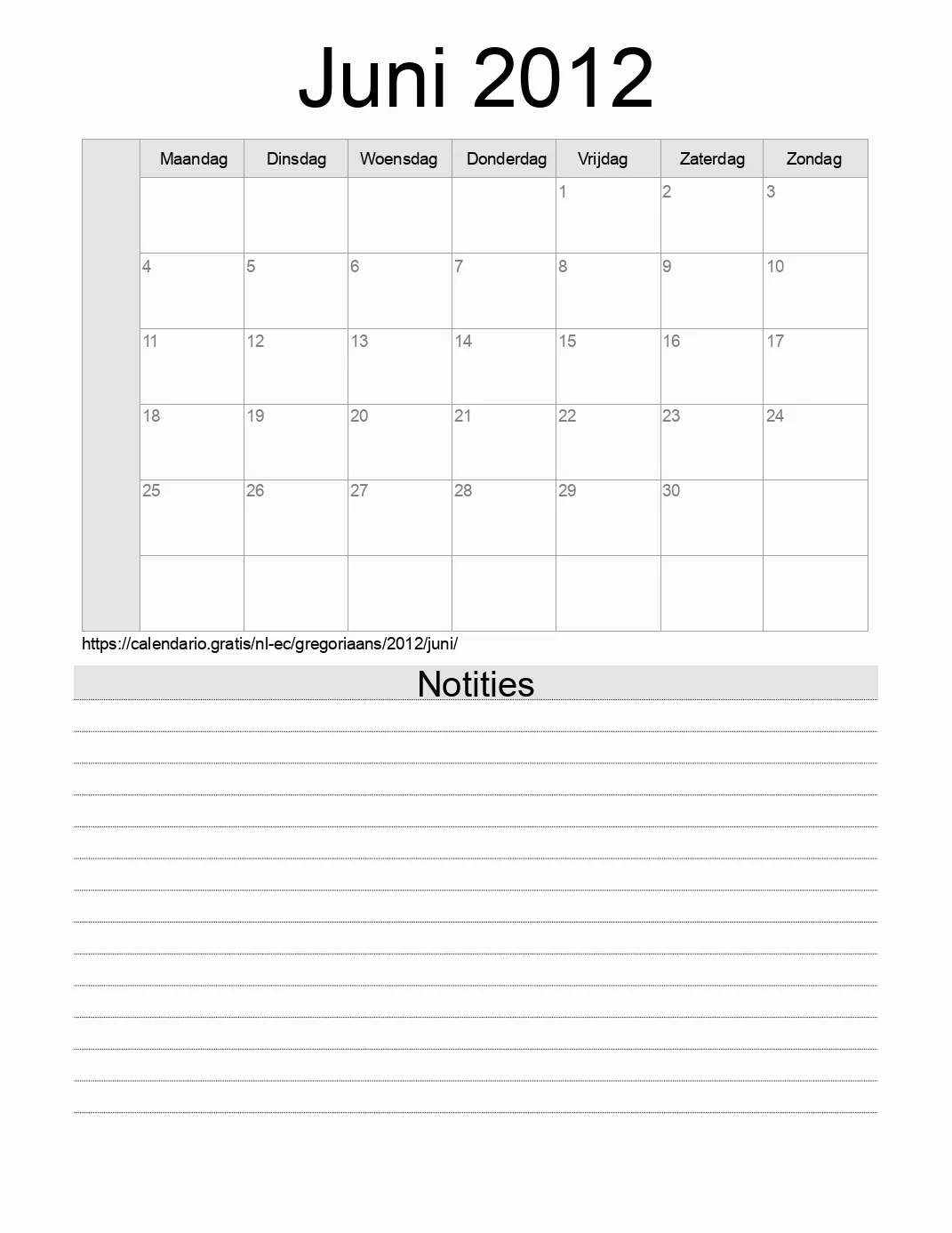 Kalender voor Juni 2012 om af te drukken met notities. (Ecuador)