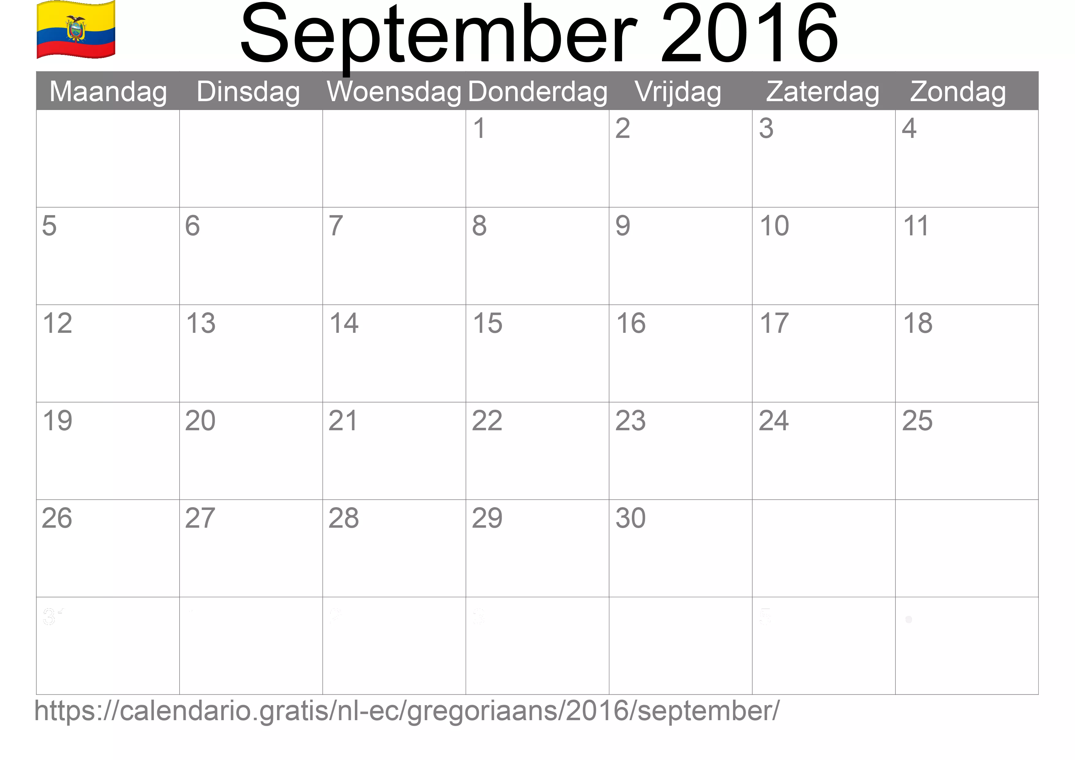 Kalender September 2016 om af te drukken (Ecuador)
