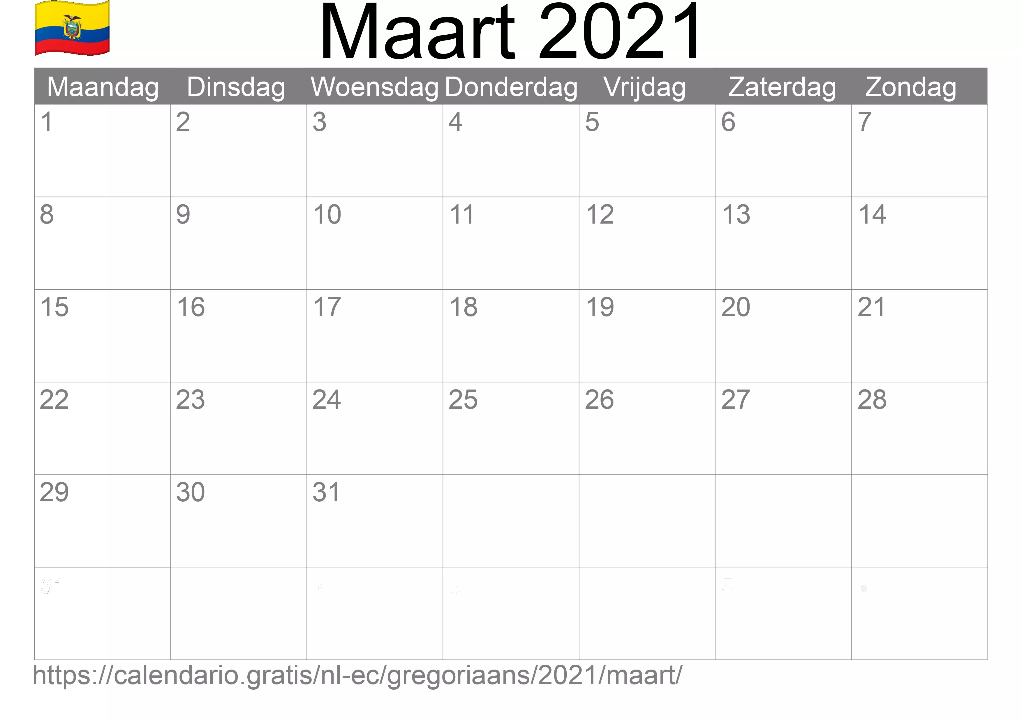 Kalender Maart 2021 om af te drukken (Ecuador)