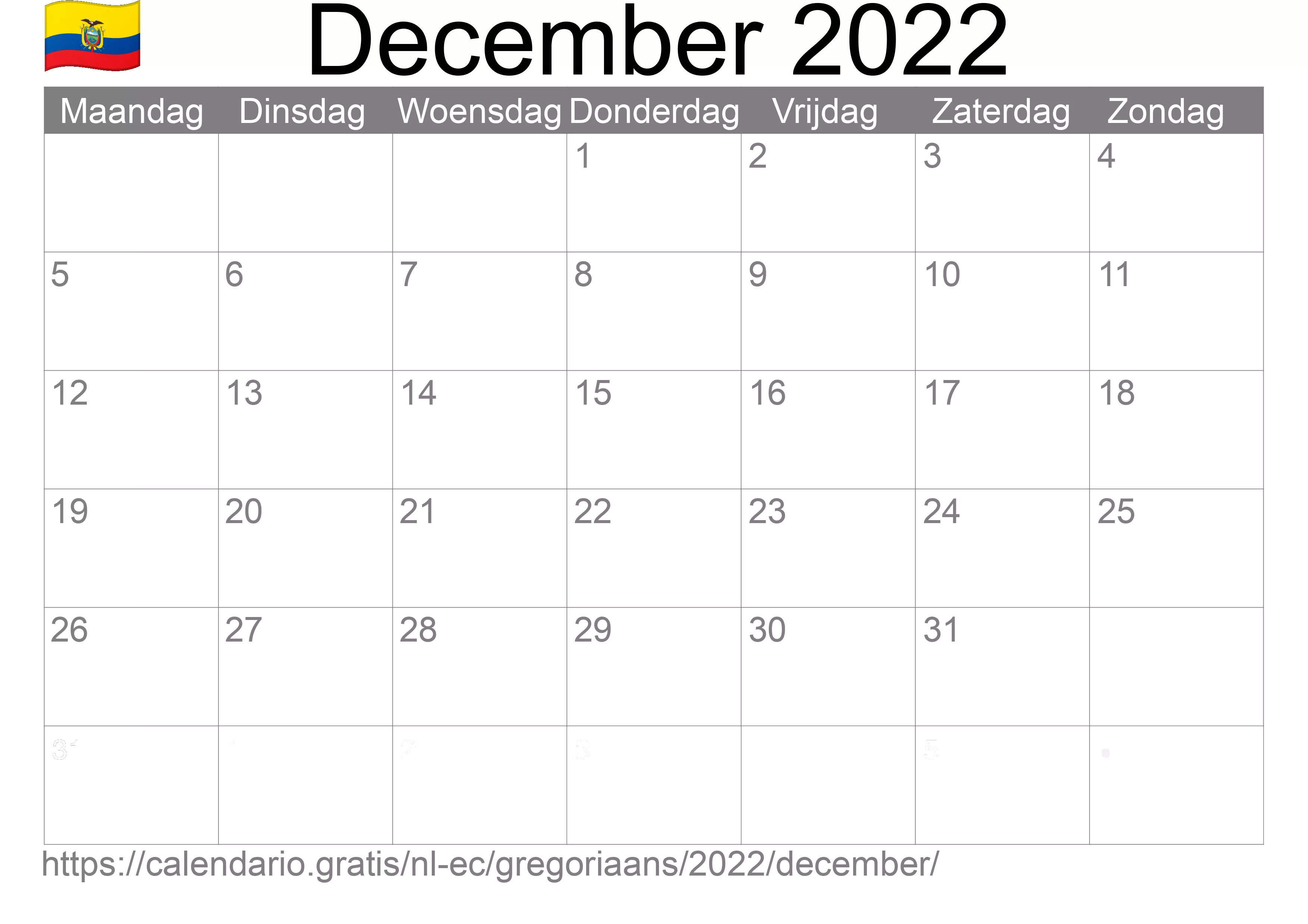 Kalender December 2022 om af te drukken (Ecuador)