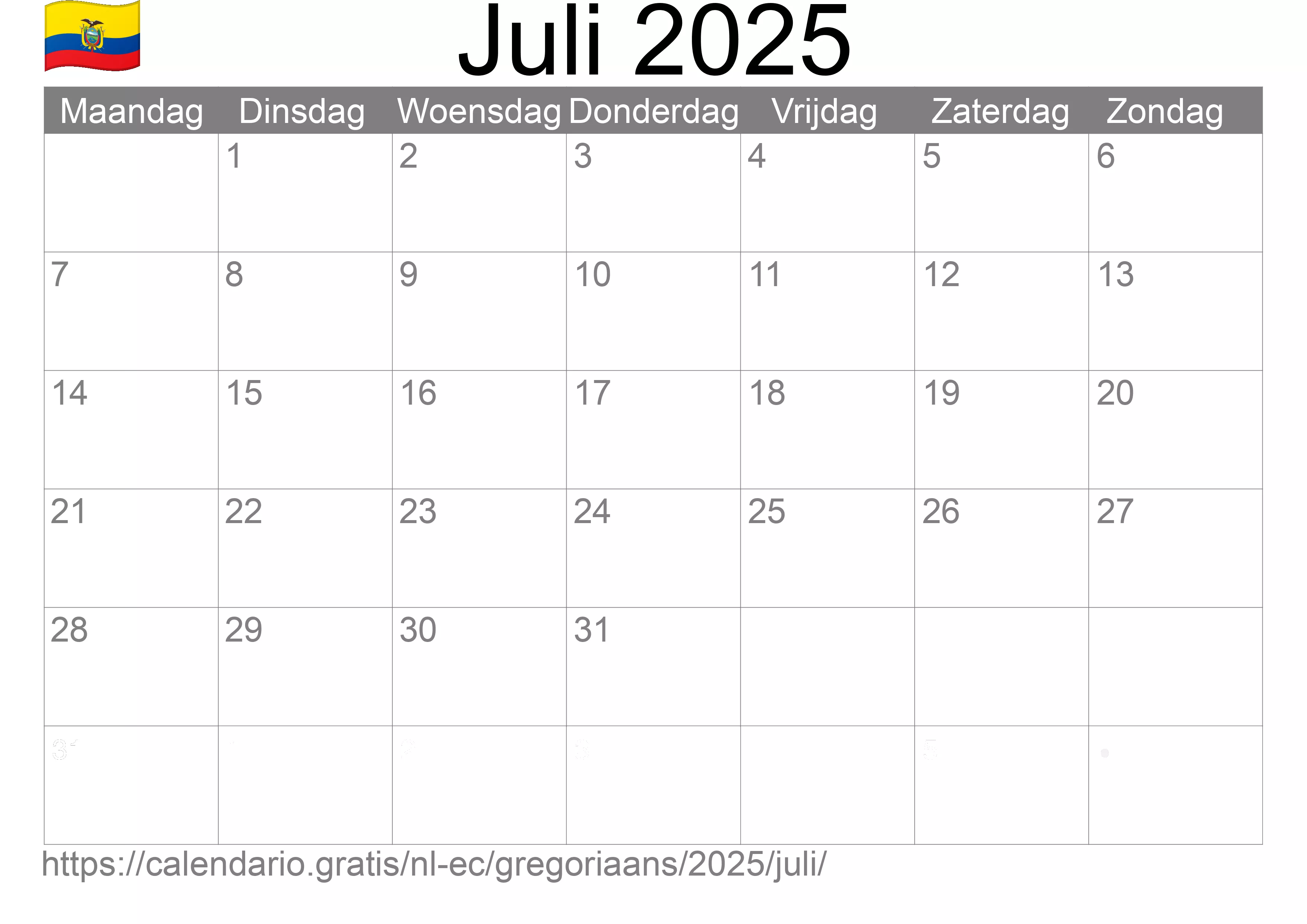 Kalender Juli 2025 om af te drukken (Ecuador)
