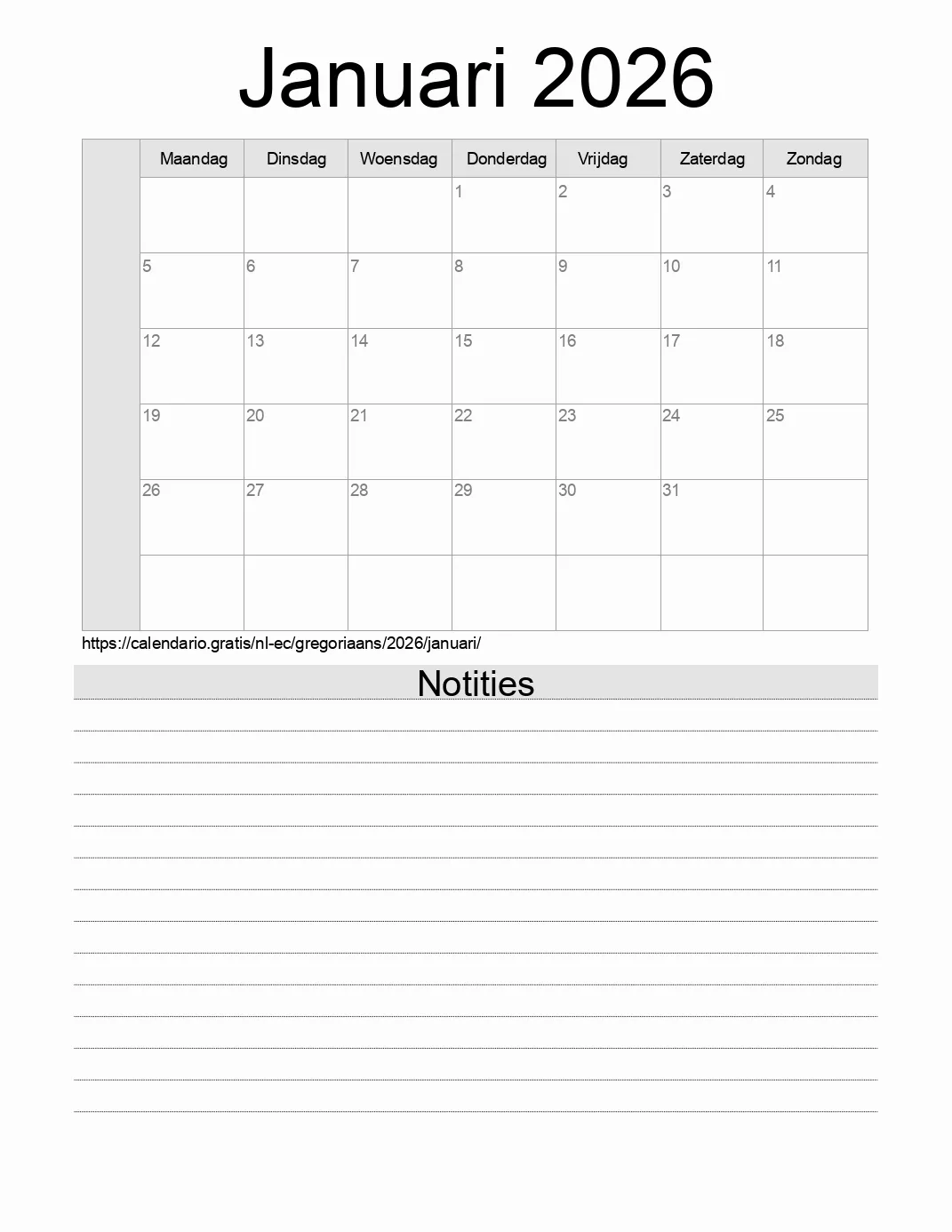 Kalender voor Januari 2026 om af te drukken met notities. (Ecuador)