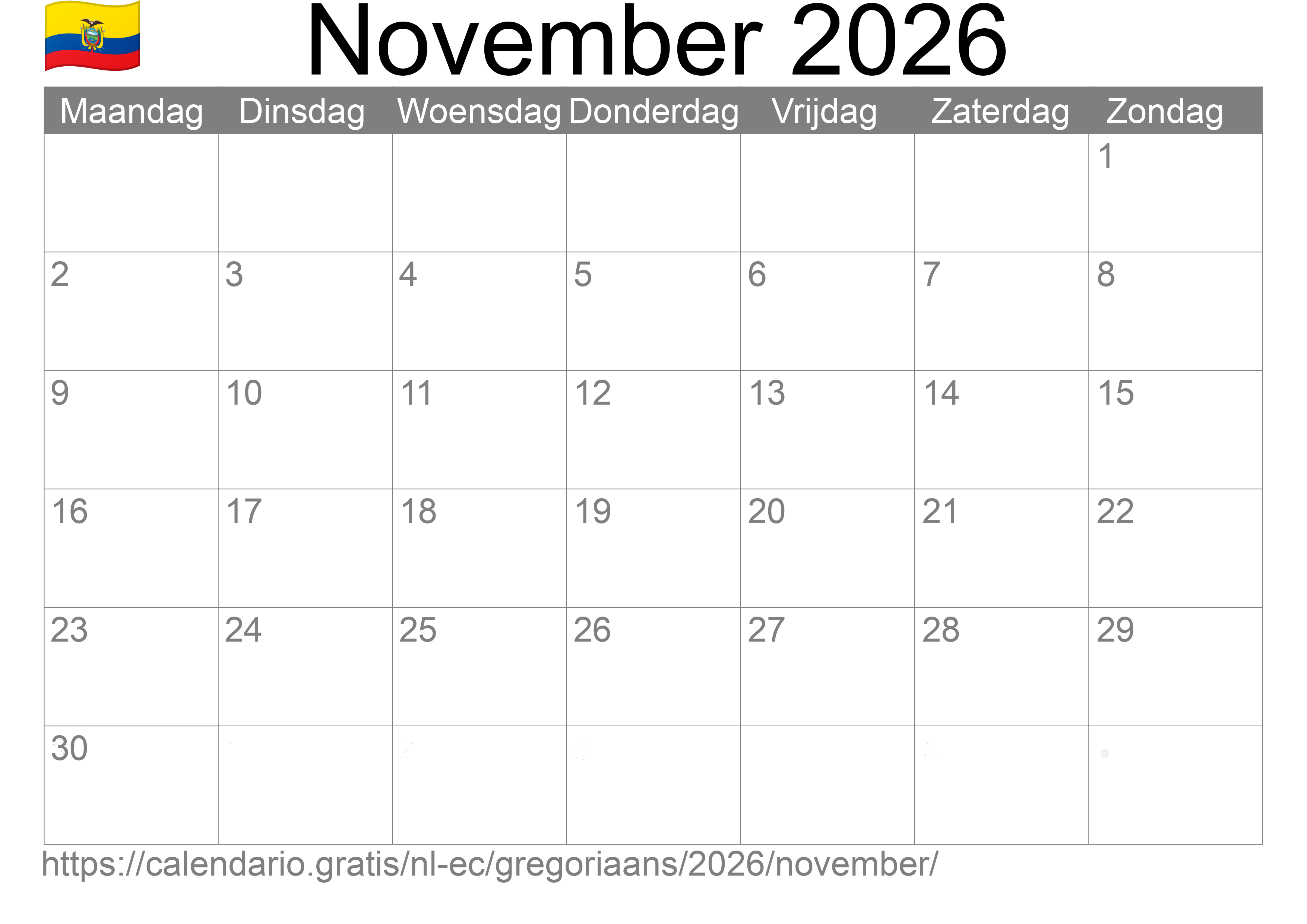 Kalender November 2026 om af te drukken