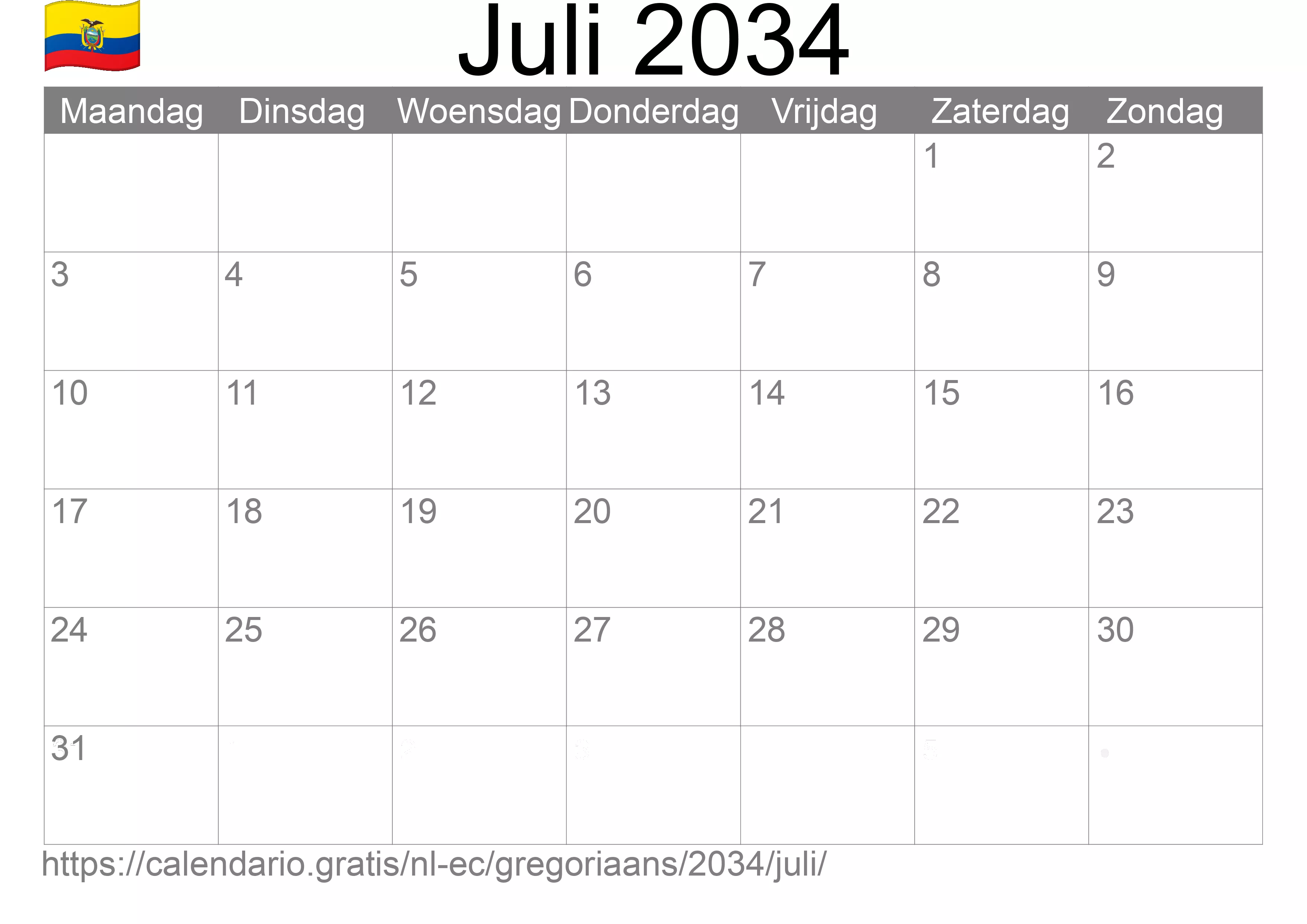 Kalender Juli 2034 om af te drukken (Ecuador)