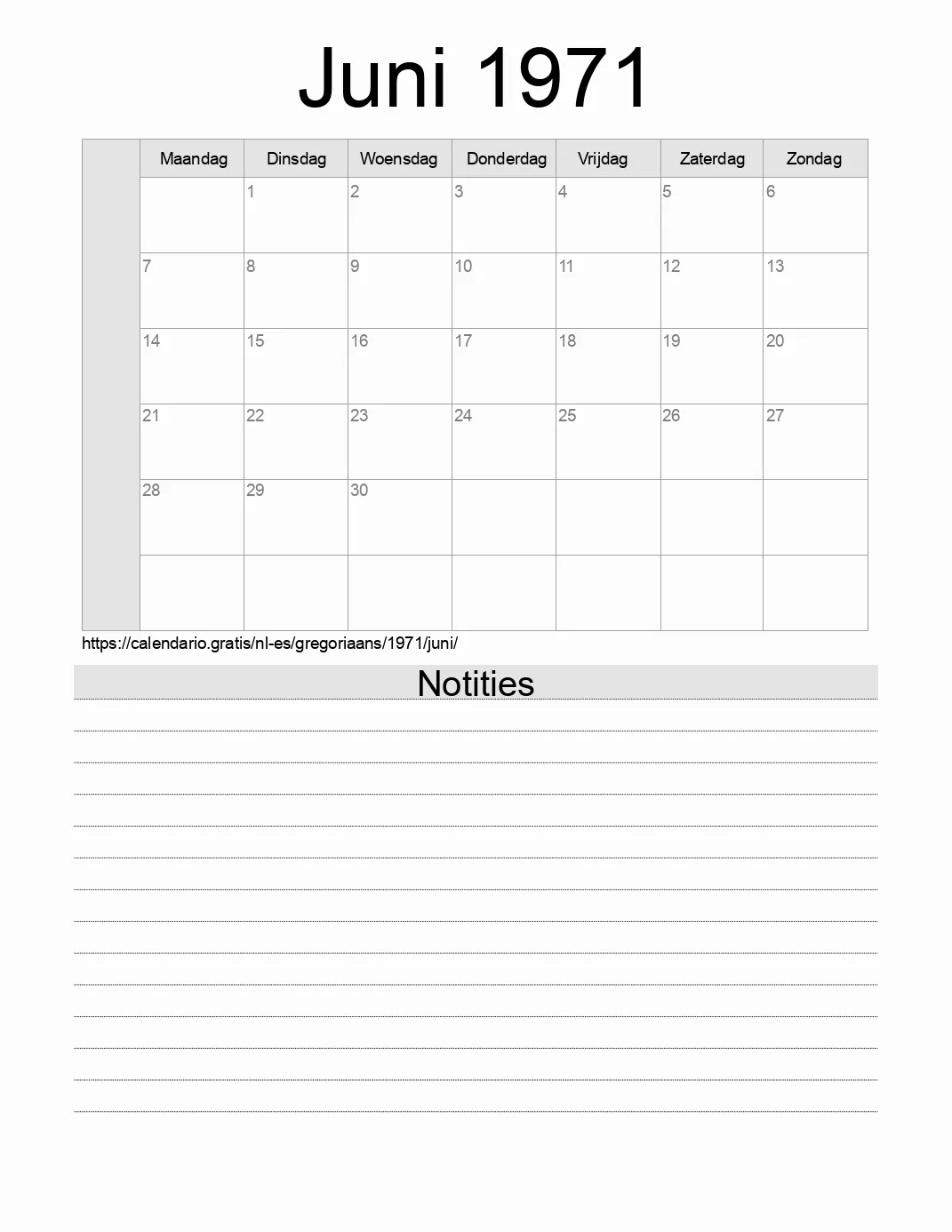 Kalender voor Juni 1971 om af te drukken met notities. (Spanje)