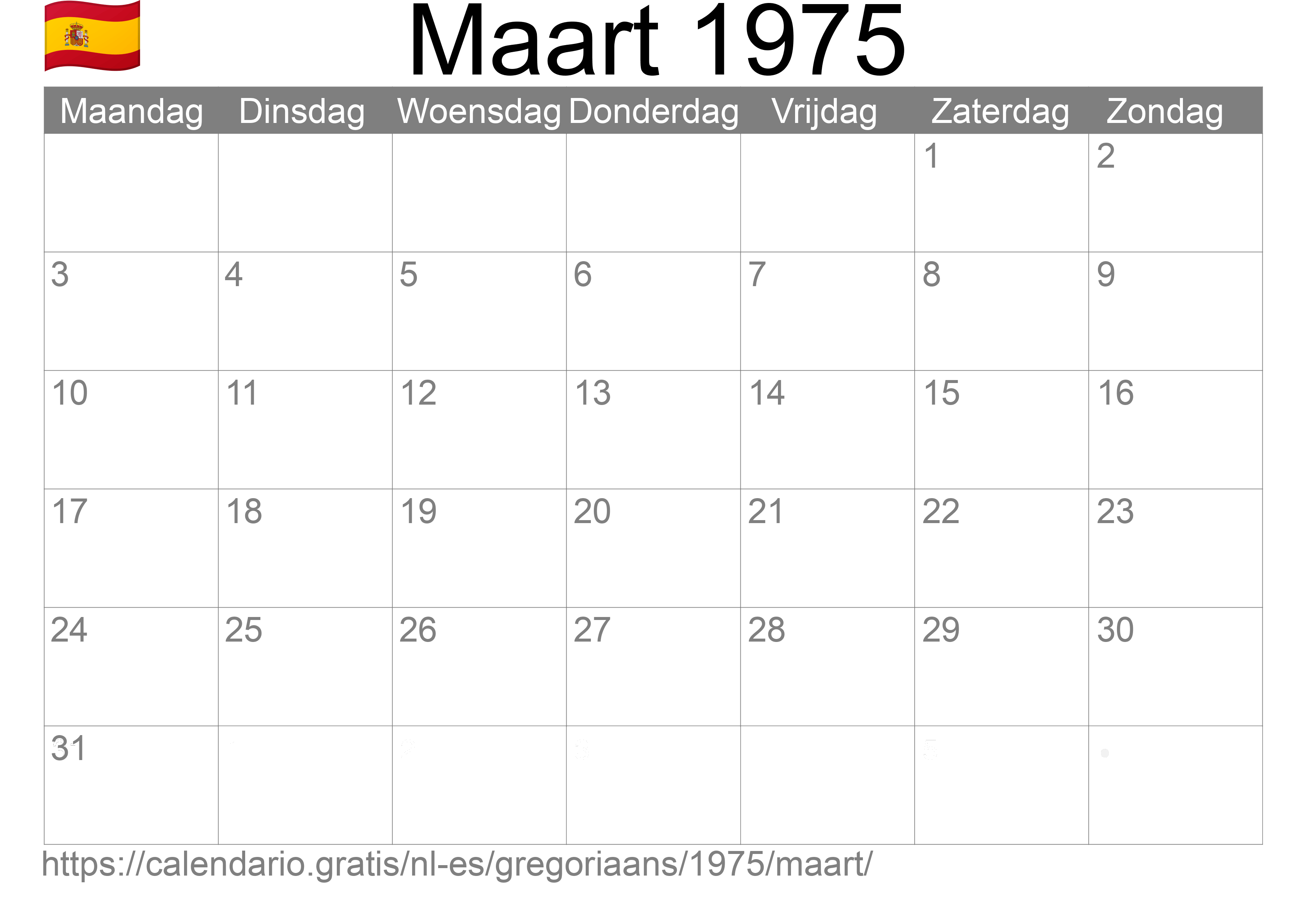 Kalender Maart 1975 om af te drukken