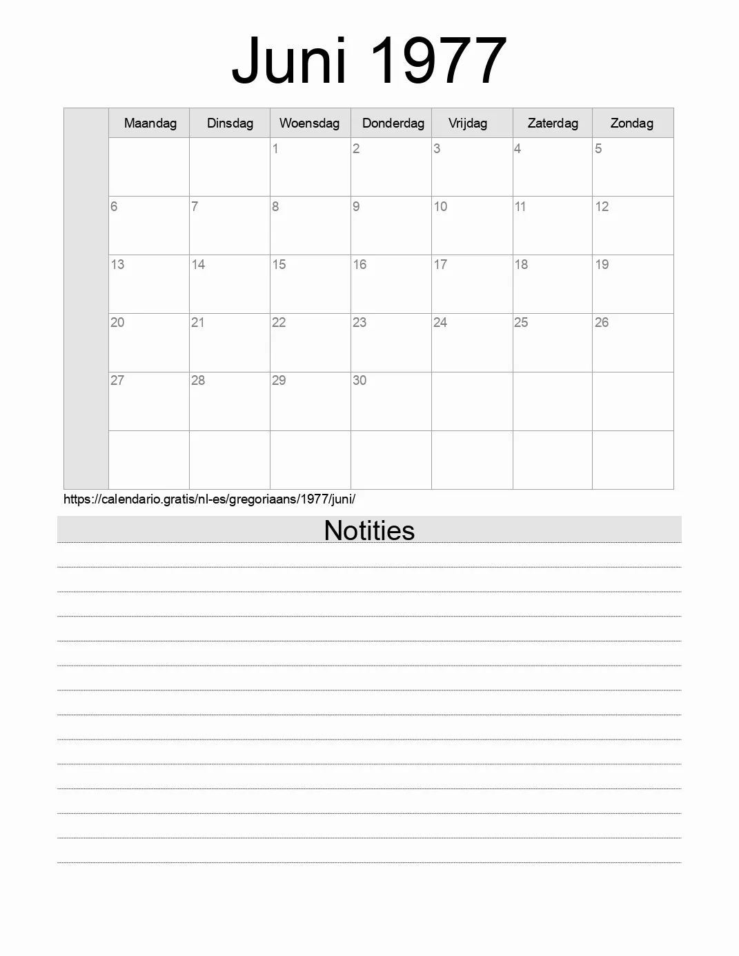 Kalender voor Juni 1977 om af te drukken met notities. (Spanje)