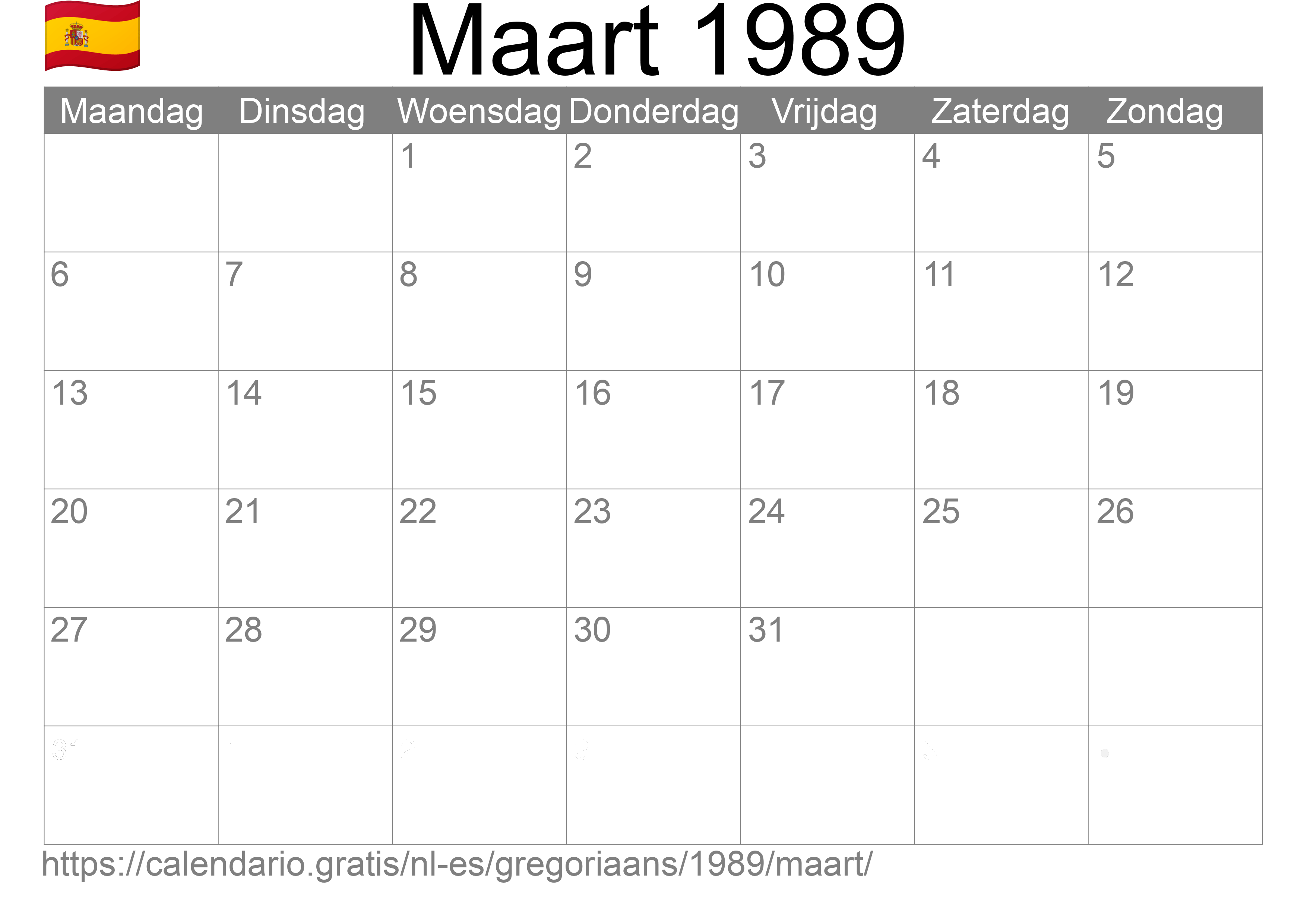 Kalender Maart 1989 om af te drukken