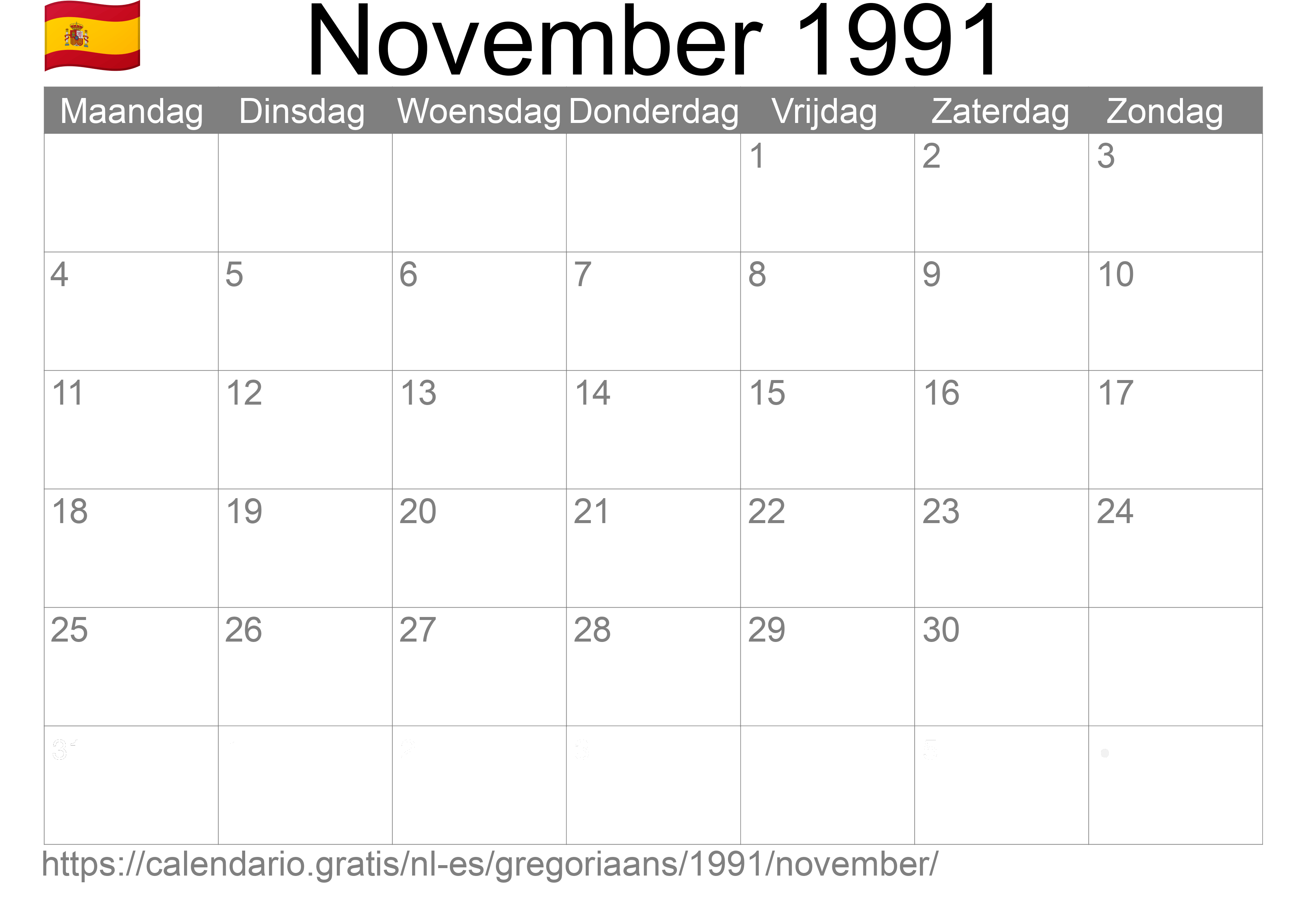 Kalender November 1991 om af te drukken