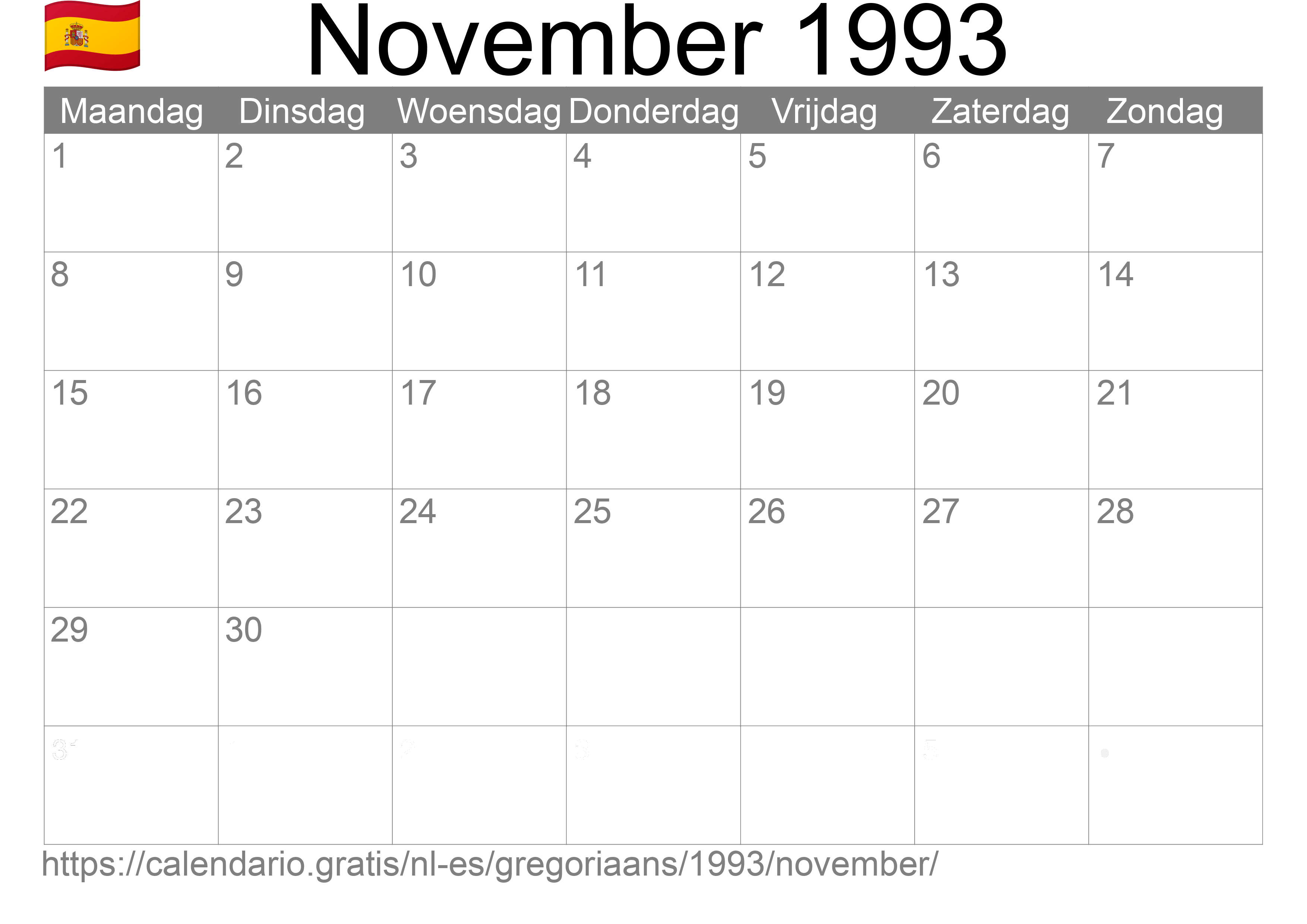 Kalender November 1993 om af te drukken