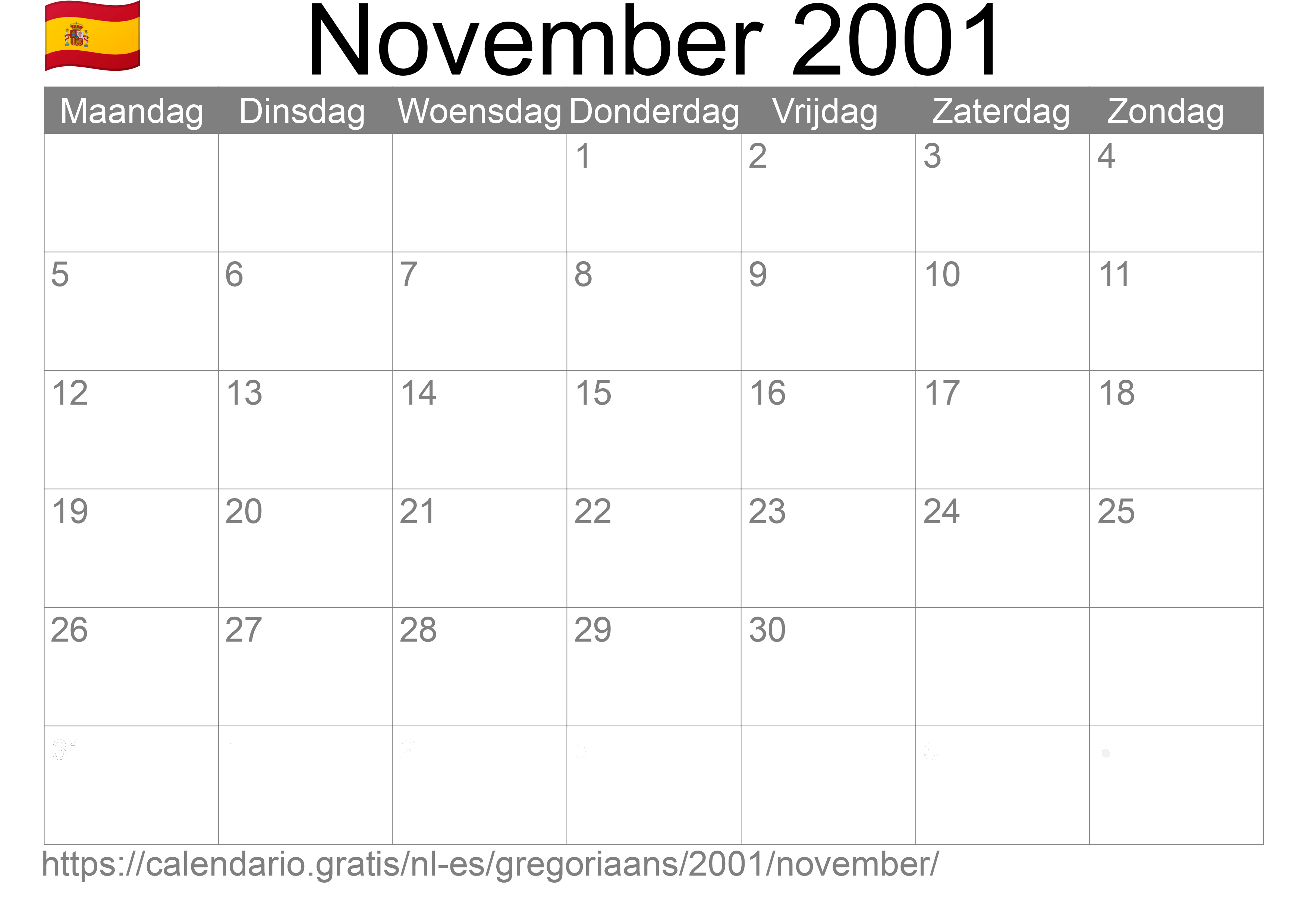 Kalender November 2001 om af te drukken