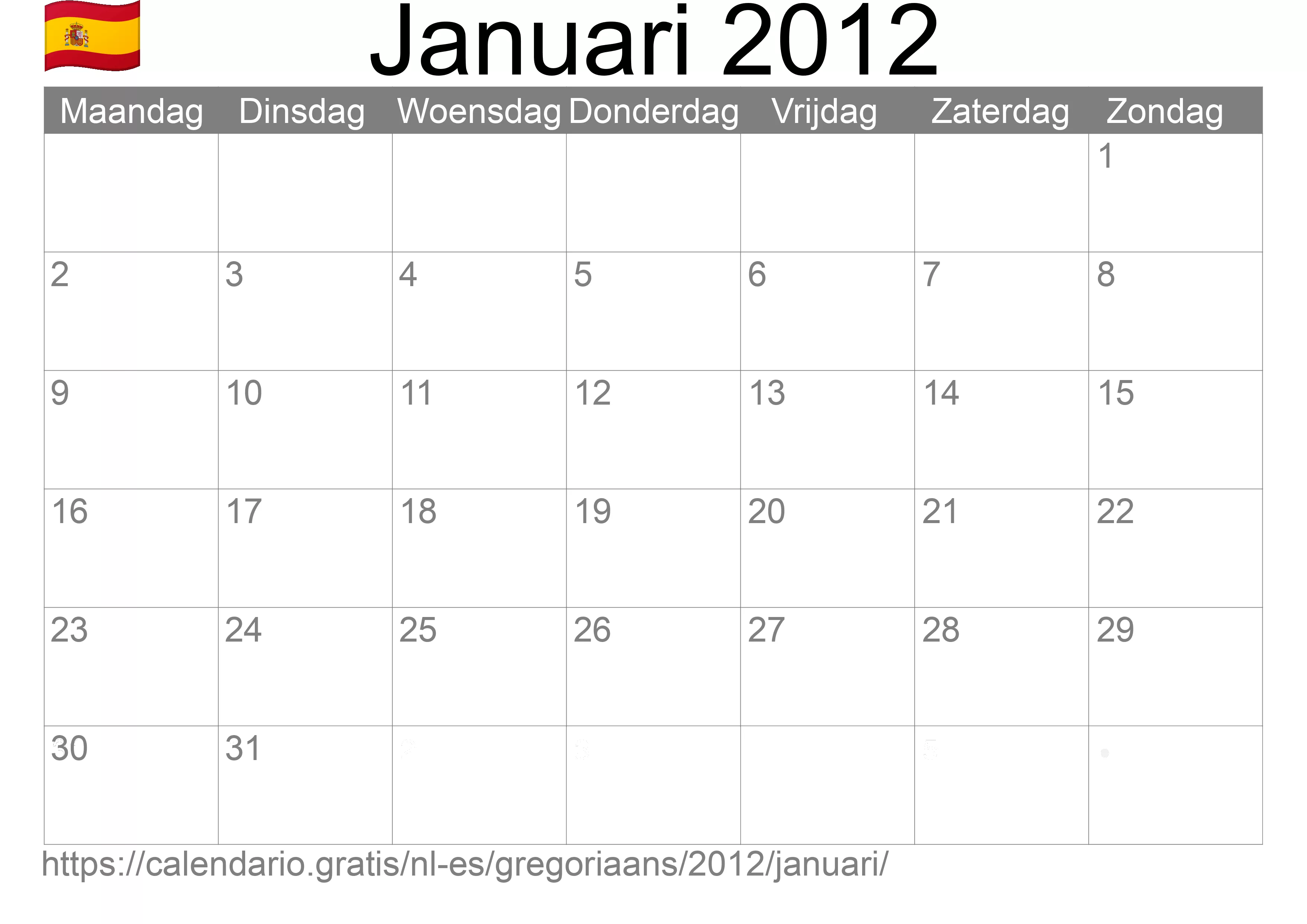 Kalender Januari 2012 om af te drukken (Spanje)