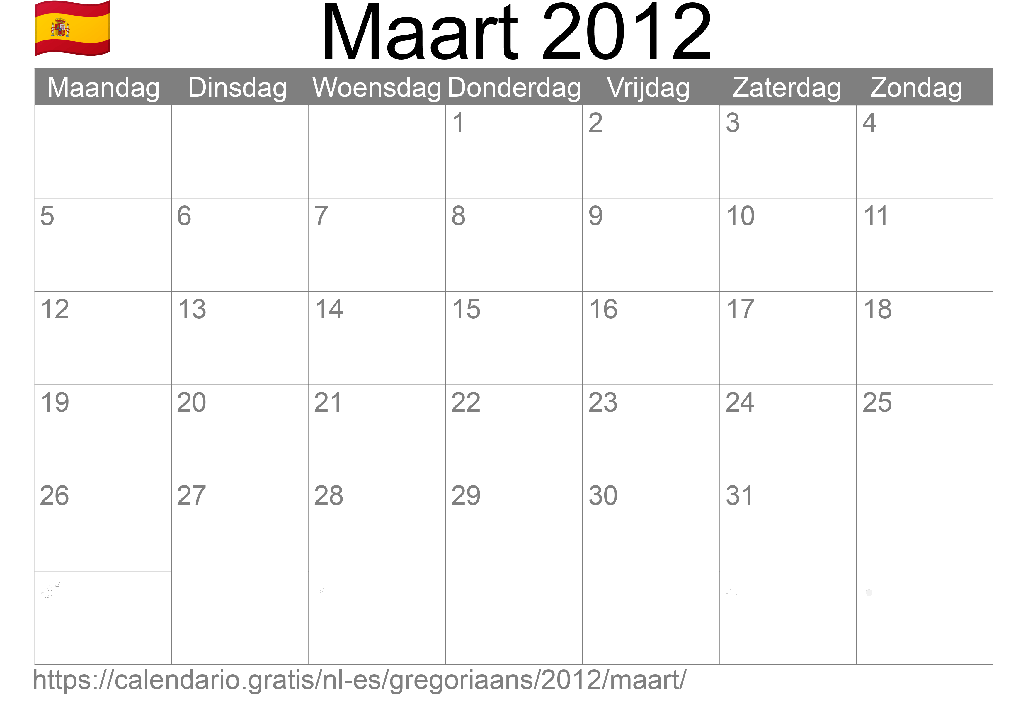 Kalender Maart 2012 om af te drukken