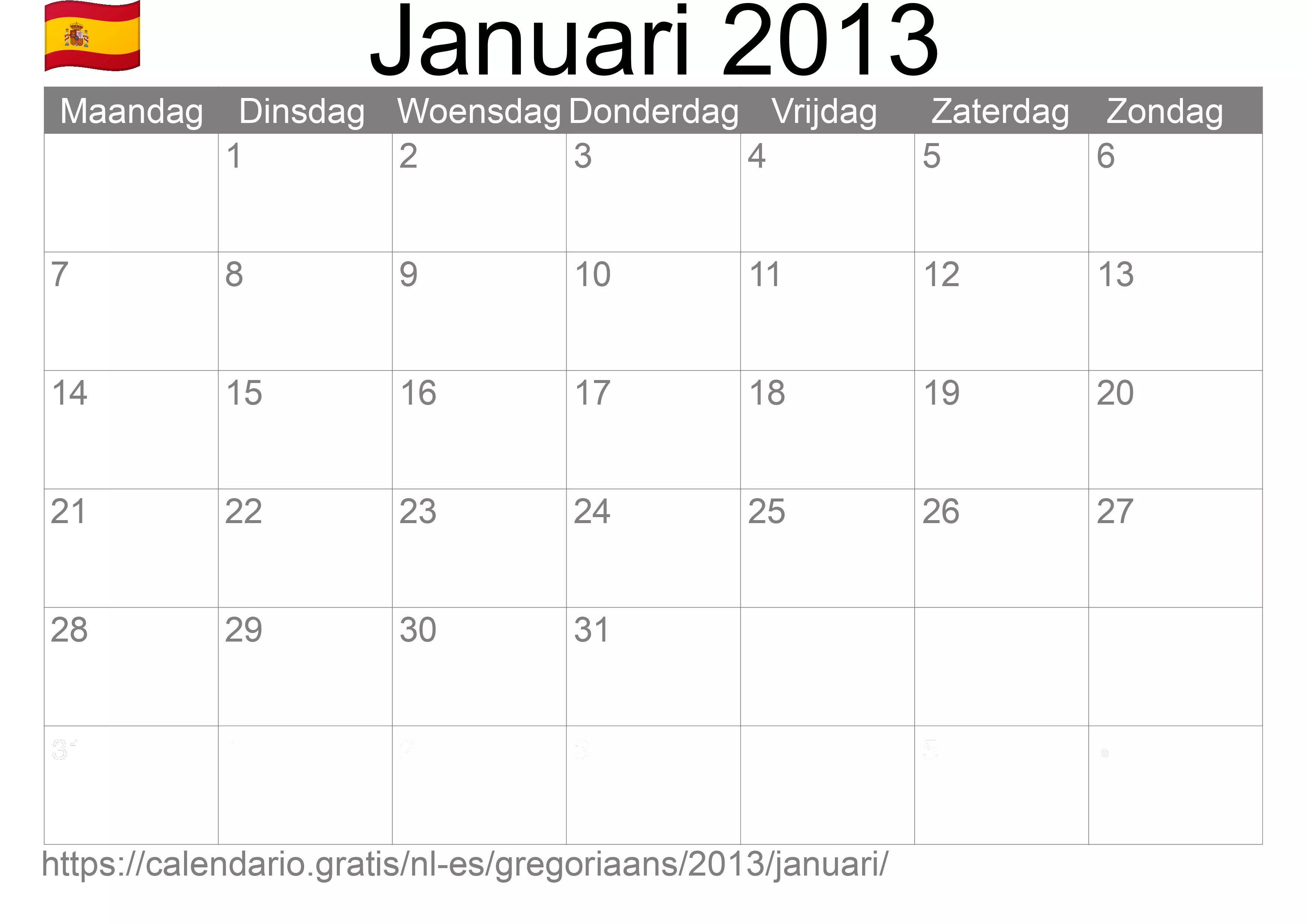 Kalender Januari 2013 om af te drukken (Spanje)