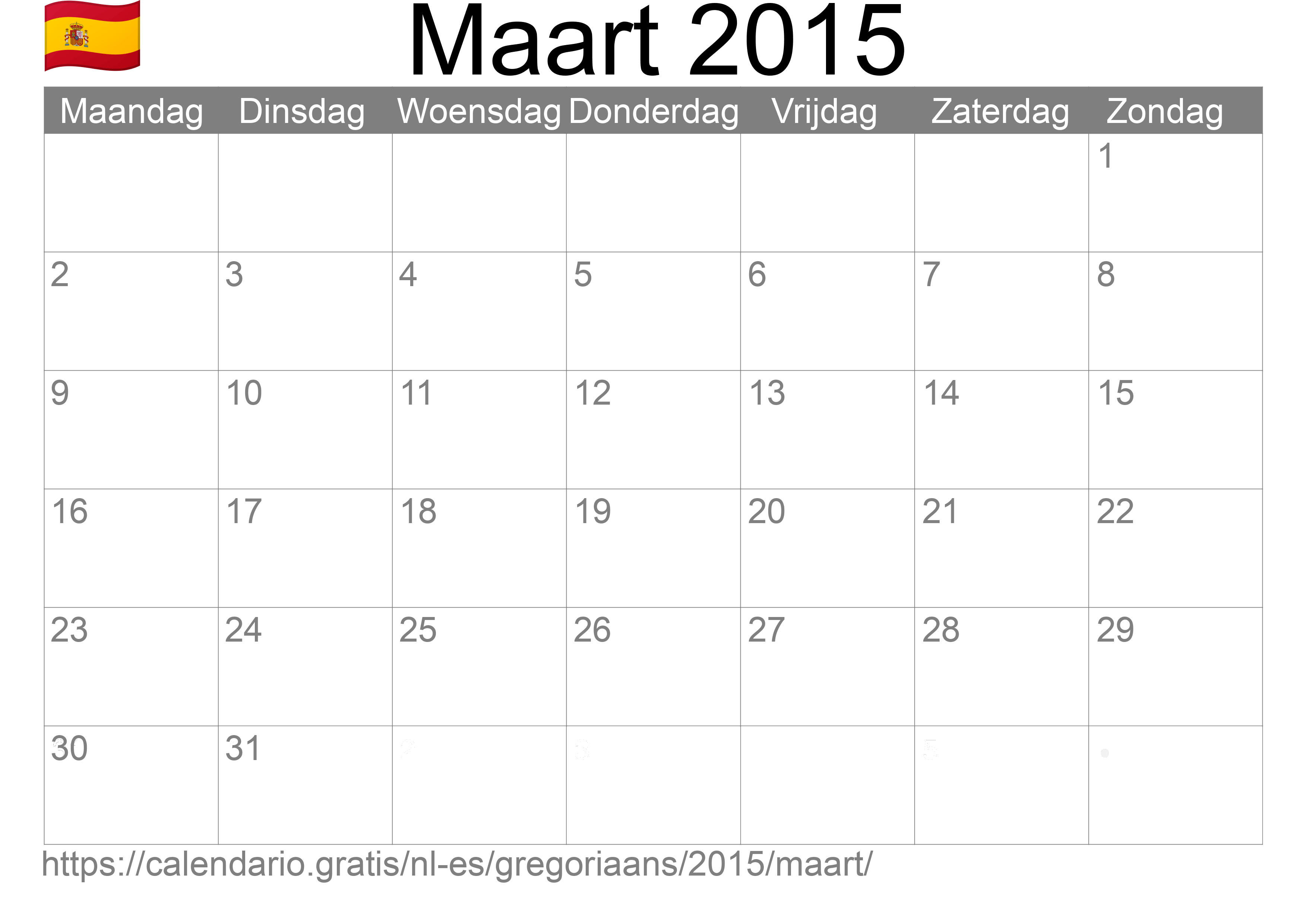 Kalender Maart 2015 om af te drukken