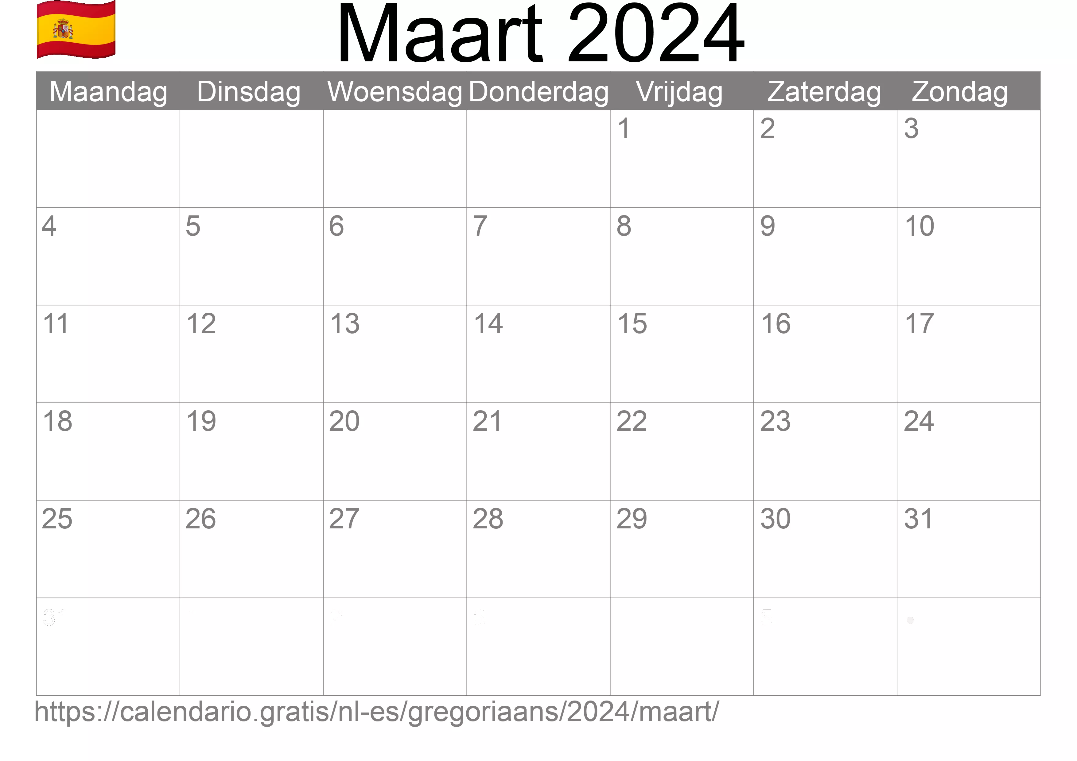 Kalender Maart 2024 om af te drukken (Spanje) Kalender Maart 2024 om af te drukken (Spanje)