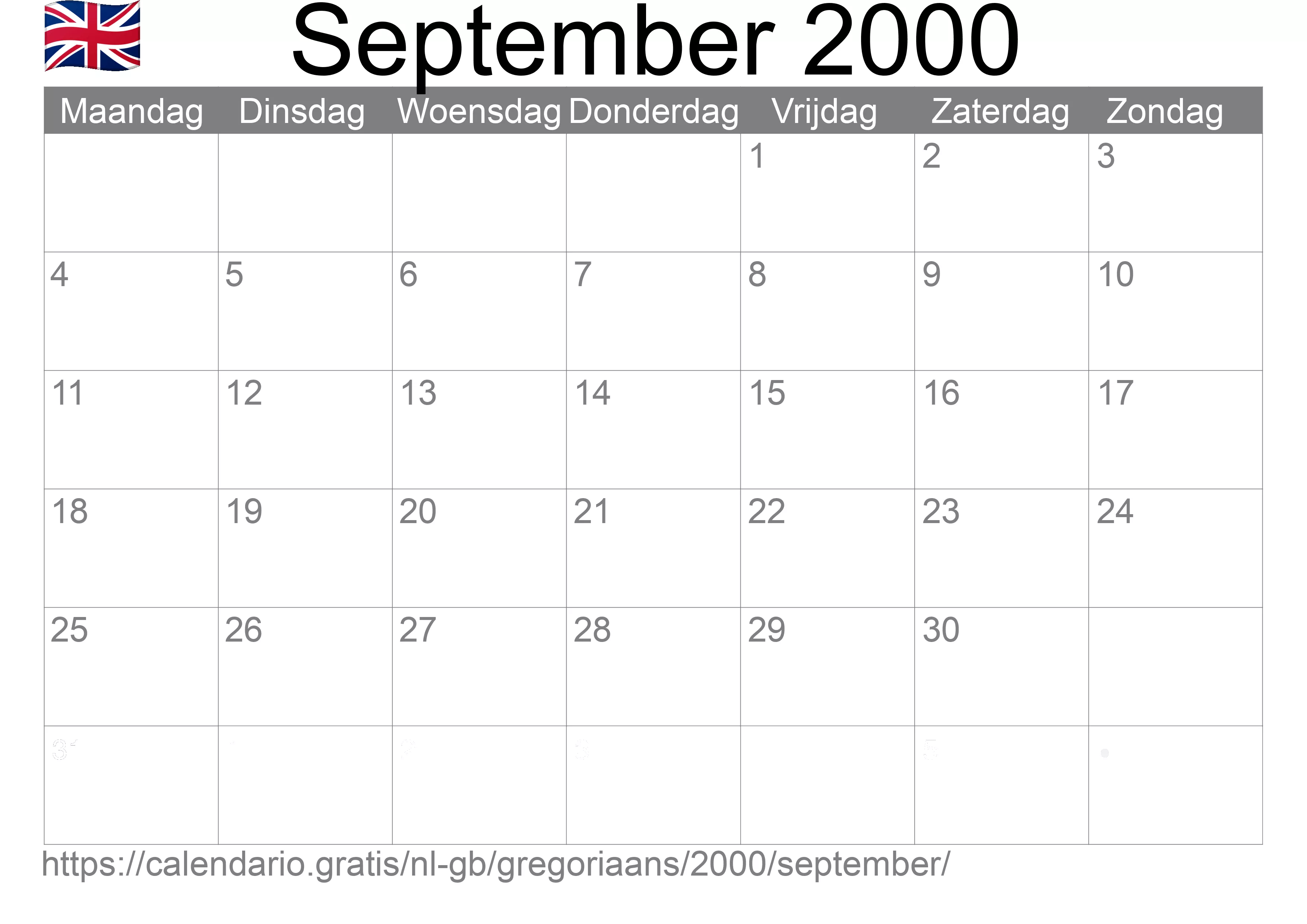 Kalender September 2000 om af te drukken (Verenigd Koninkrijk)