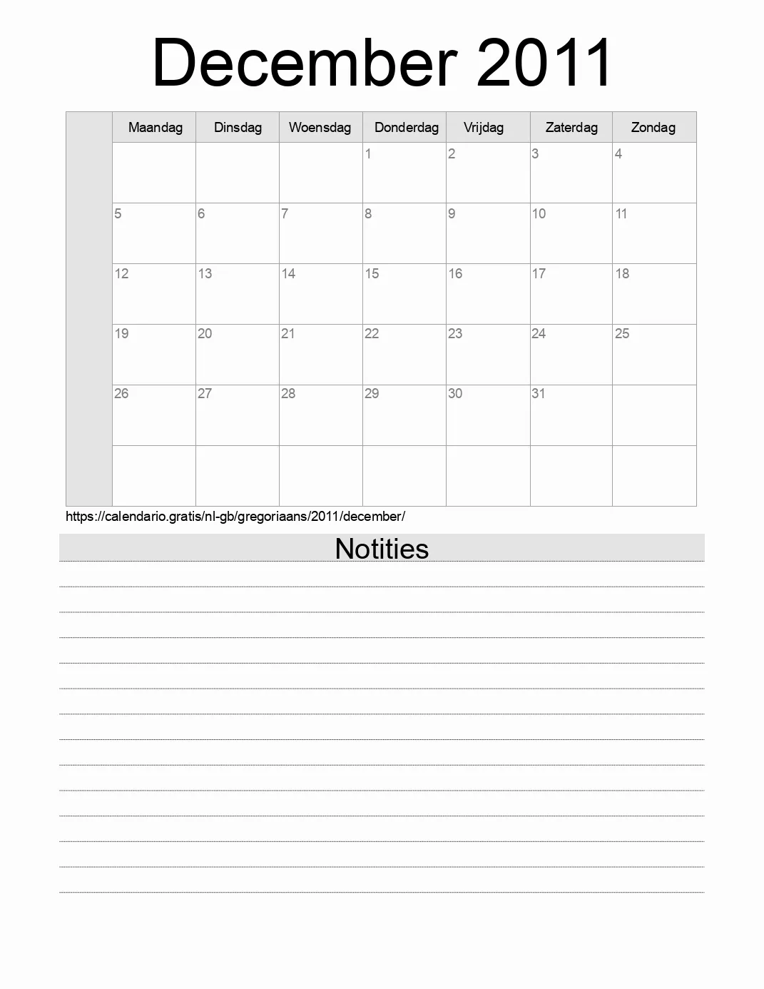 Kalender voor December 2011 om af te drukken met notities. (Verenigd Koninkrijk)