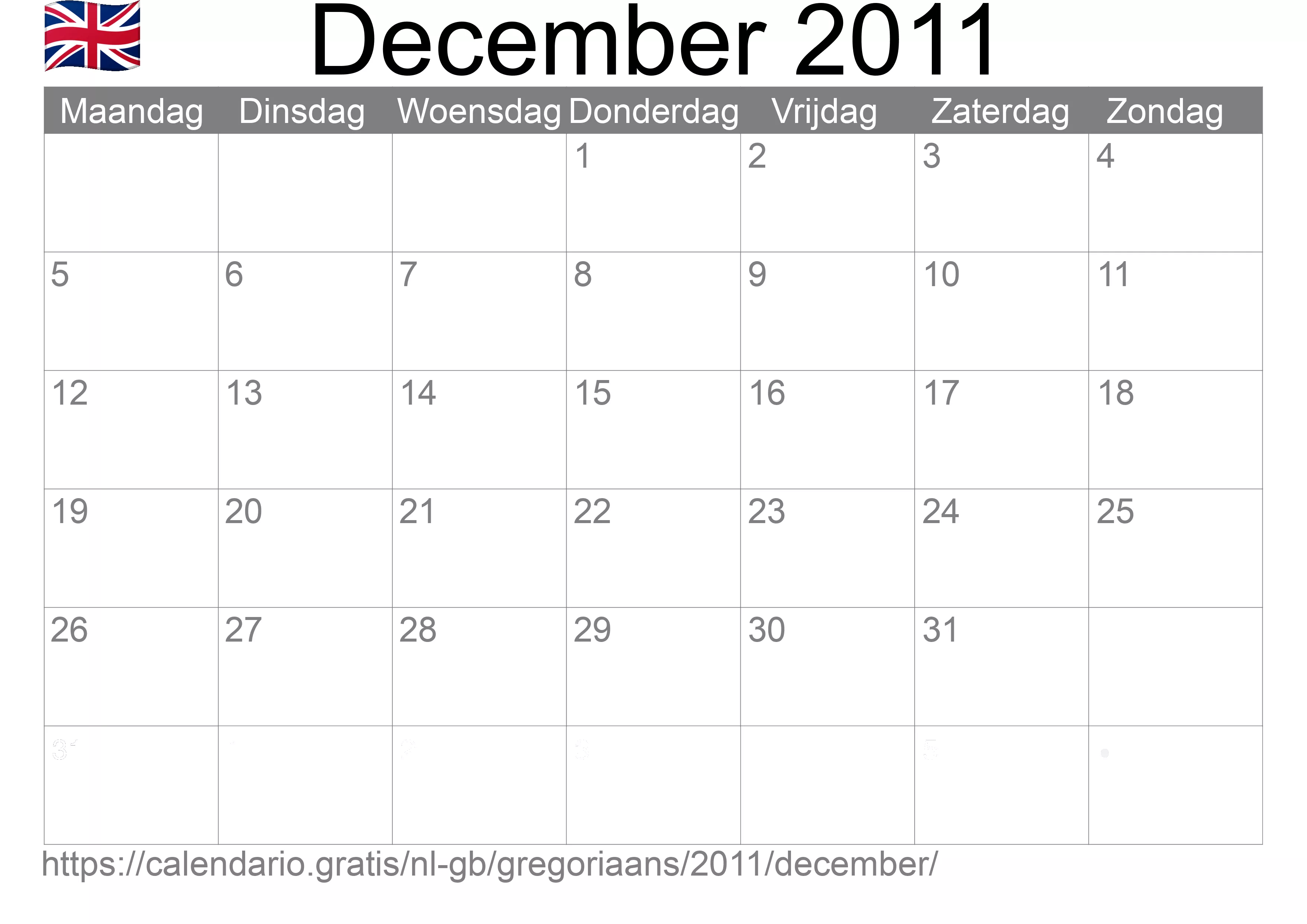 Kalender December 2011 om af te drukken (Verenigd Koninkrijk)