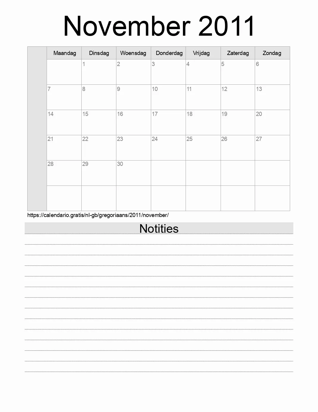 Kalender voor November 2011 om af te drukken met notities. (Verenigd Koninkrijk)