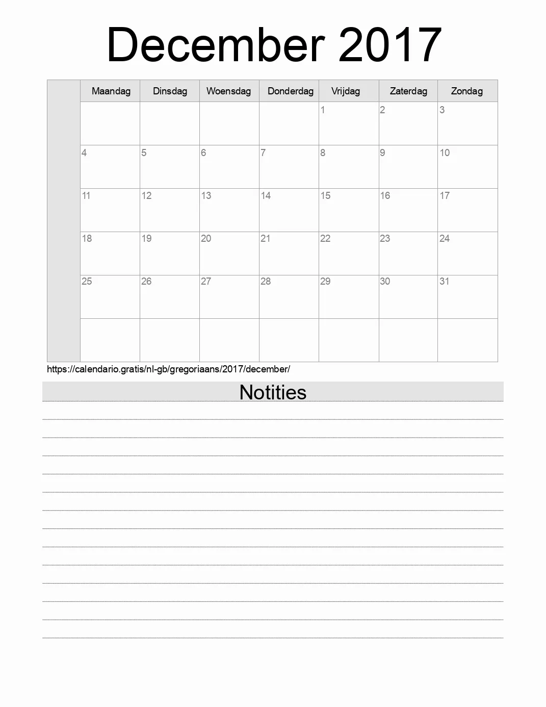 Kalender voor December 2017 om af te drukken met notities. (Verenigd Koninkrijk)