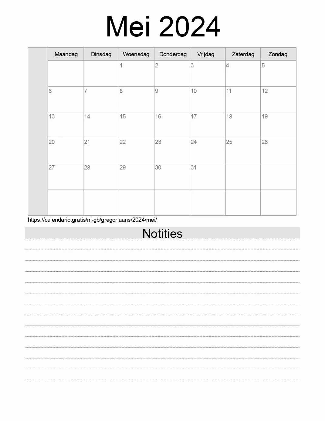 Kalender voor Mei 2024 om af te drukken met notities. (Verenigd Koninkrijk)