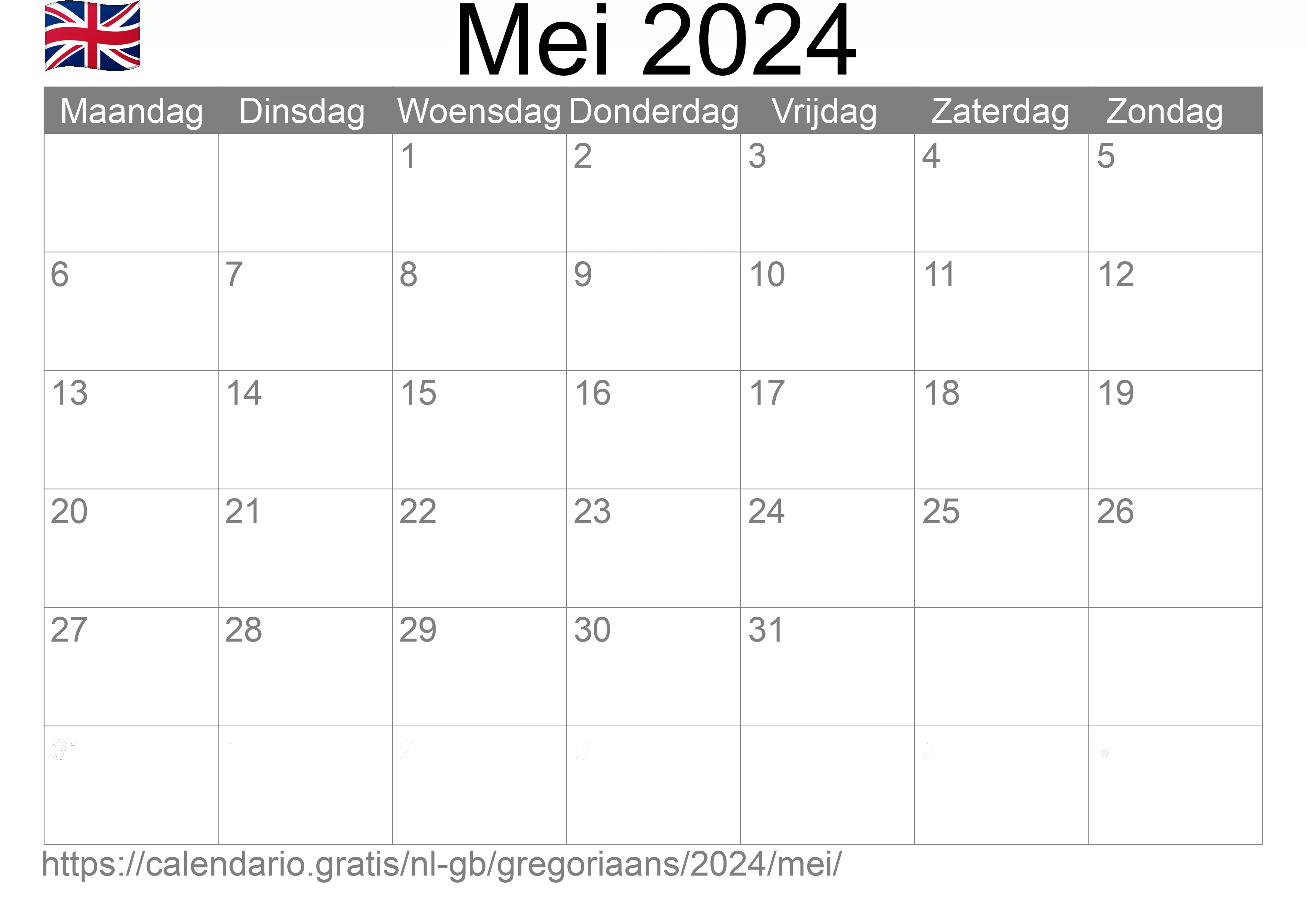 Kalender Mei 2024 om af te drukken (Verenigd Koninkrijk)
