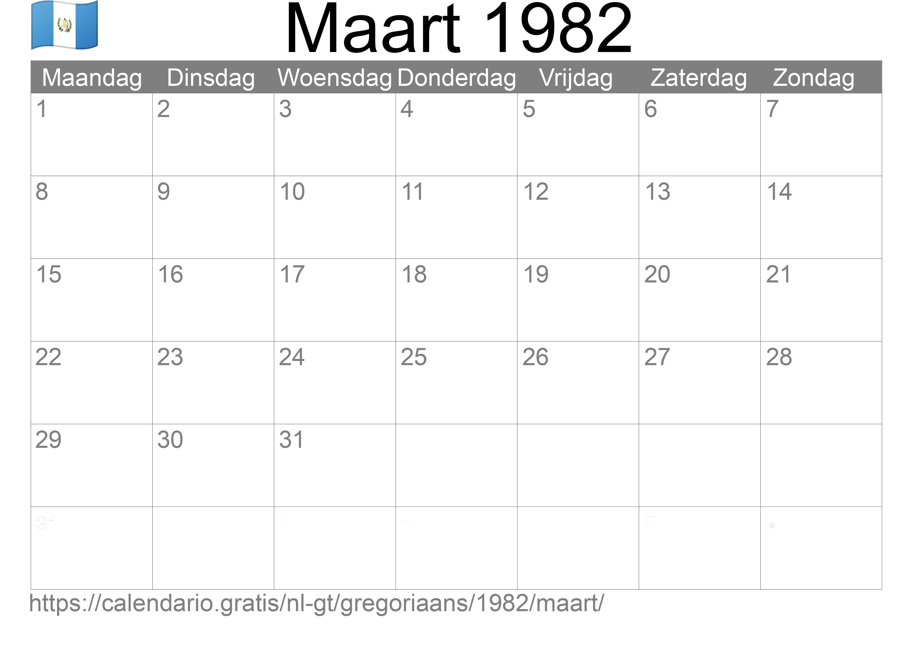 Kalender Maart 1982 om af te drukken