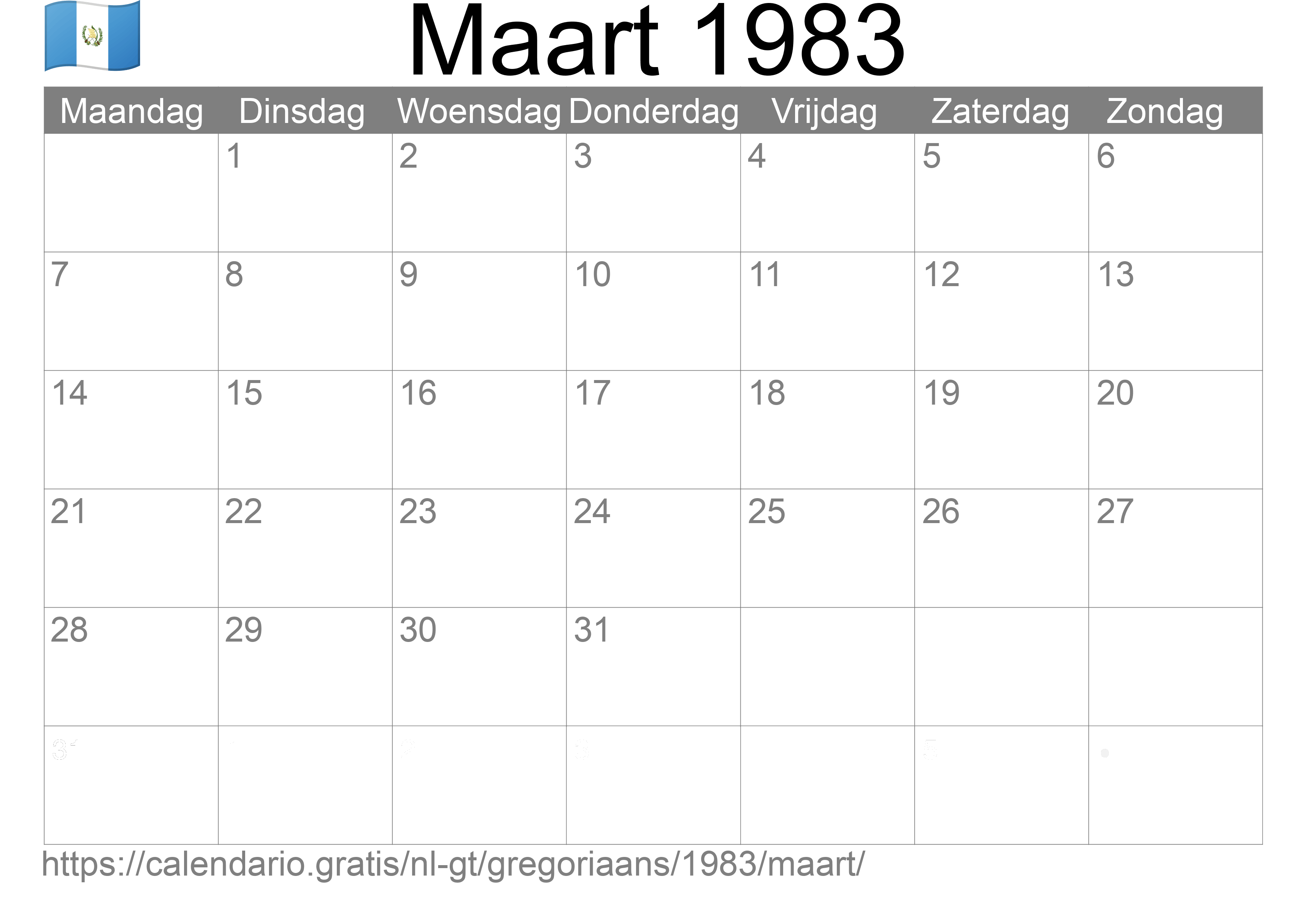 Kalender Maart 1983 om af te drukken