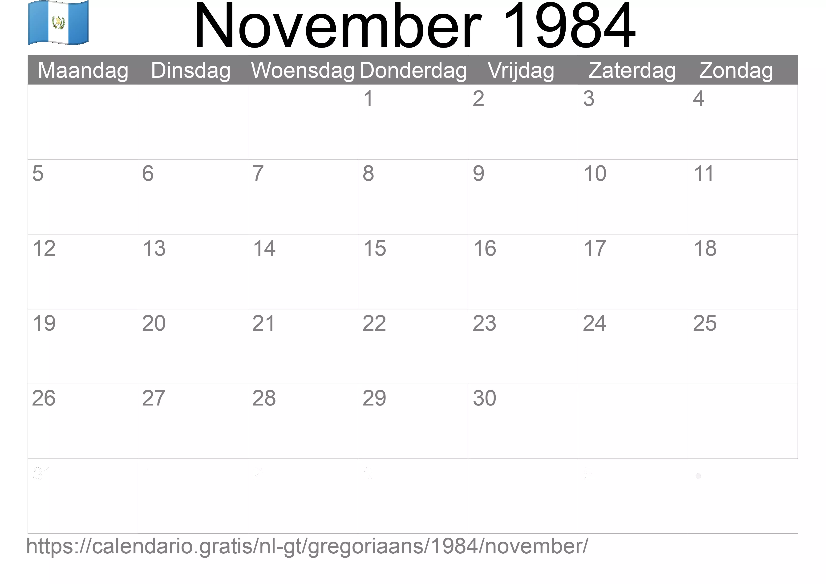 Kalender November 1984 om af te drukken (Guatemala)