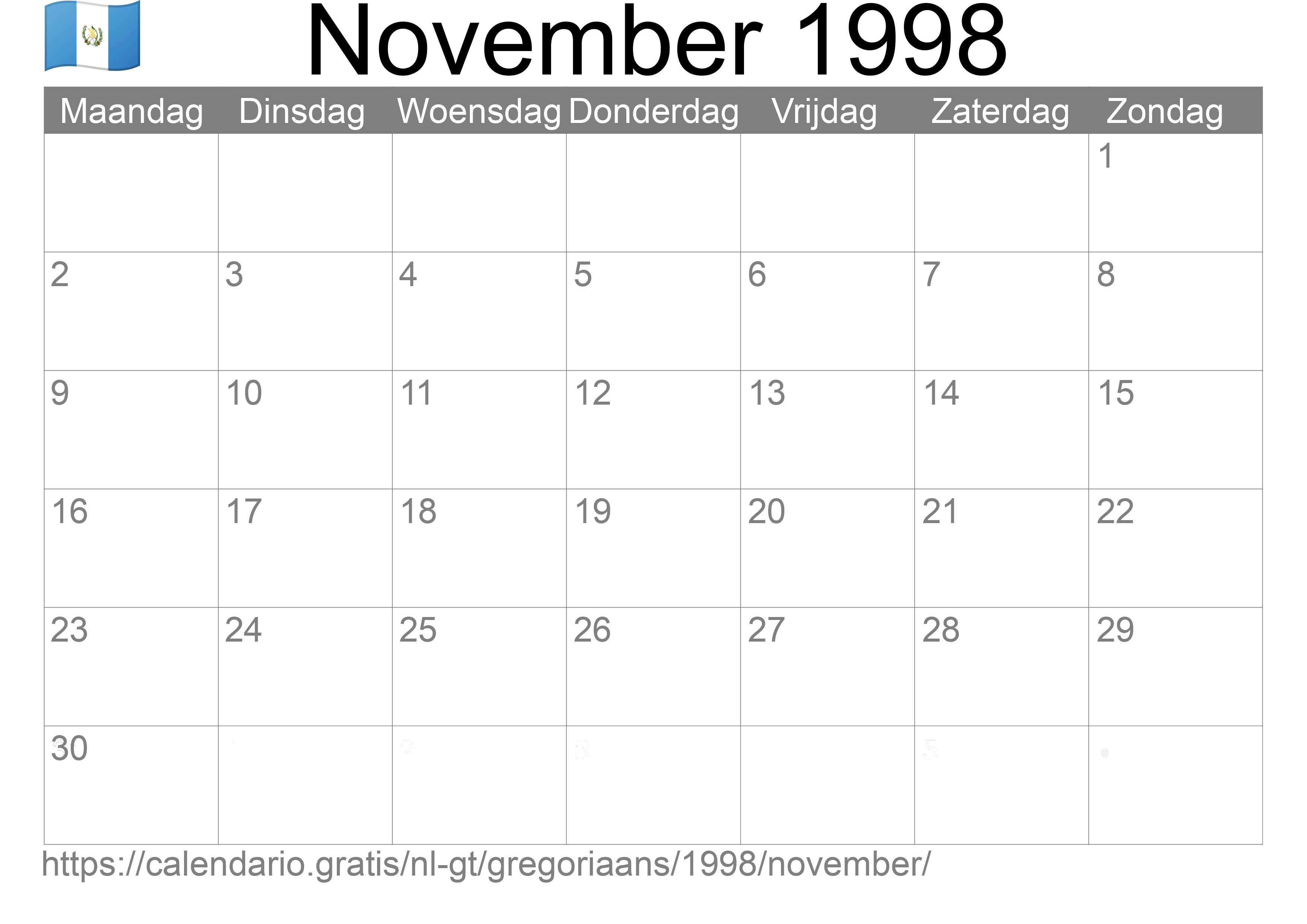 Kalender November 1998 om af te drukken