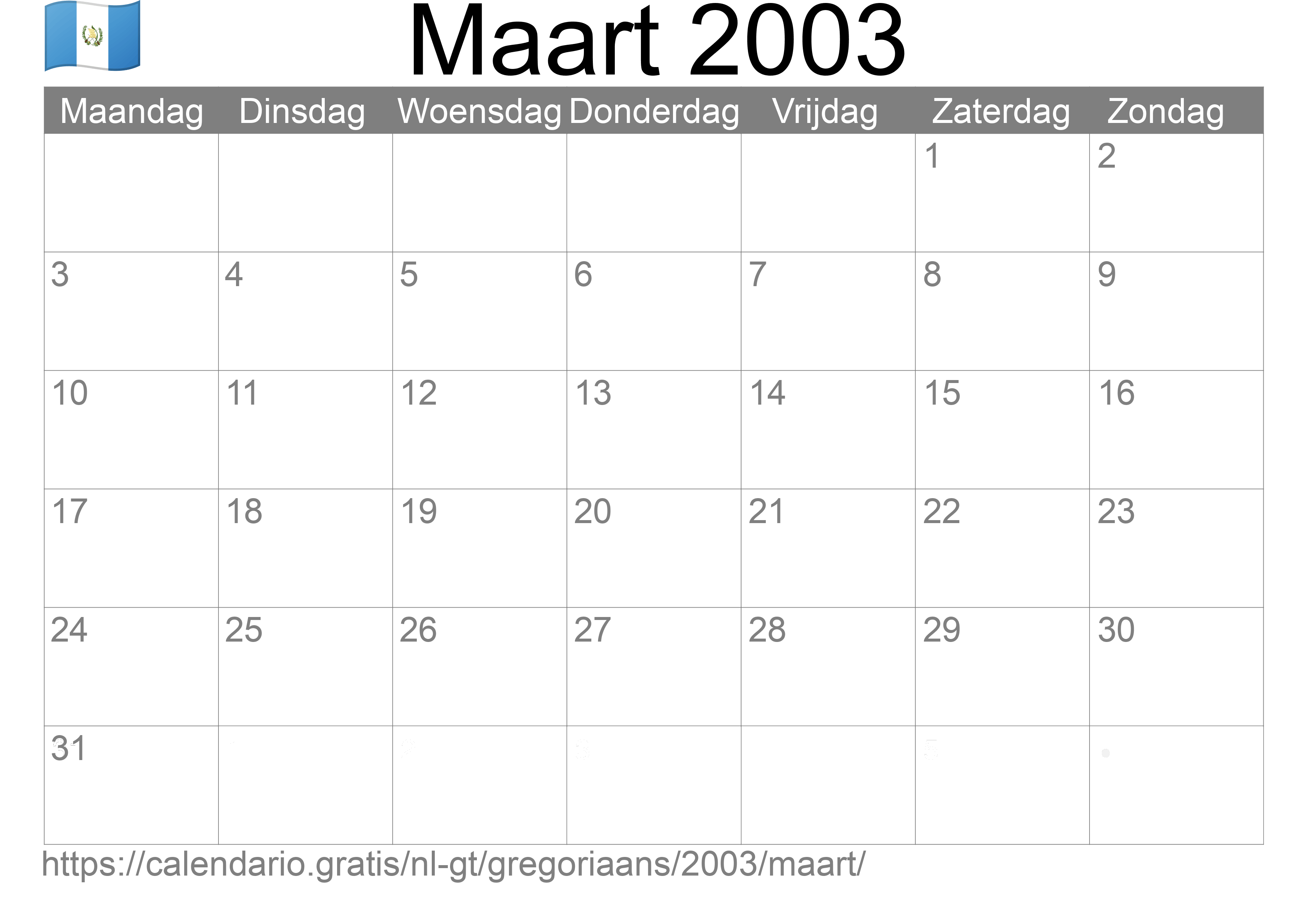 Kalender Maart 2003 om af te drukken