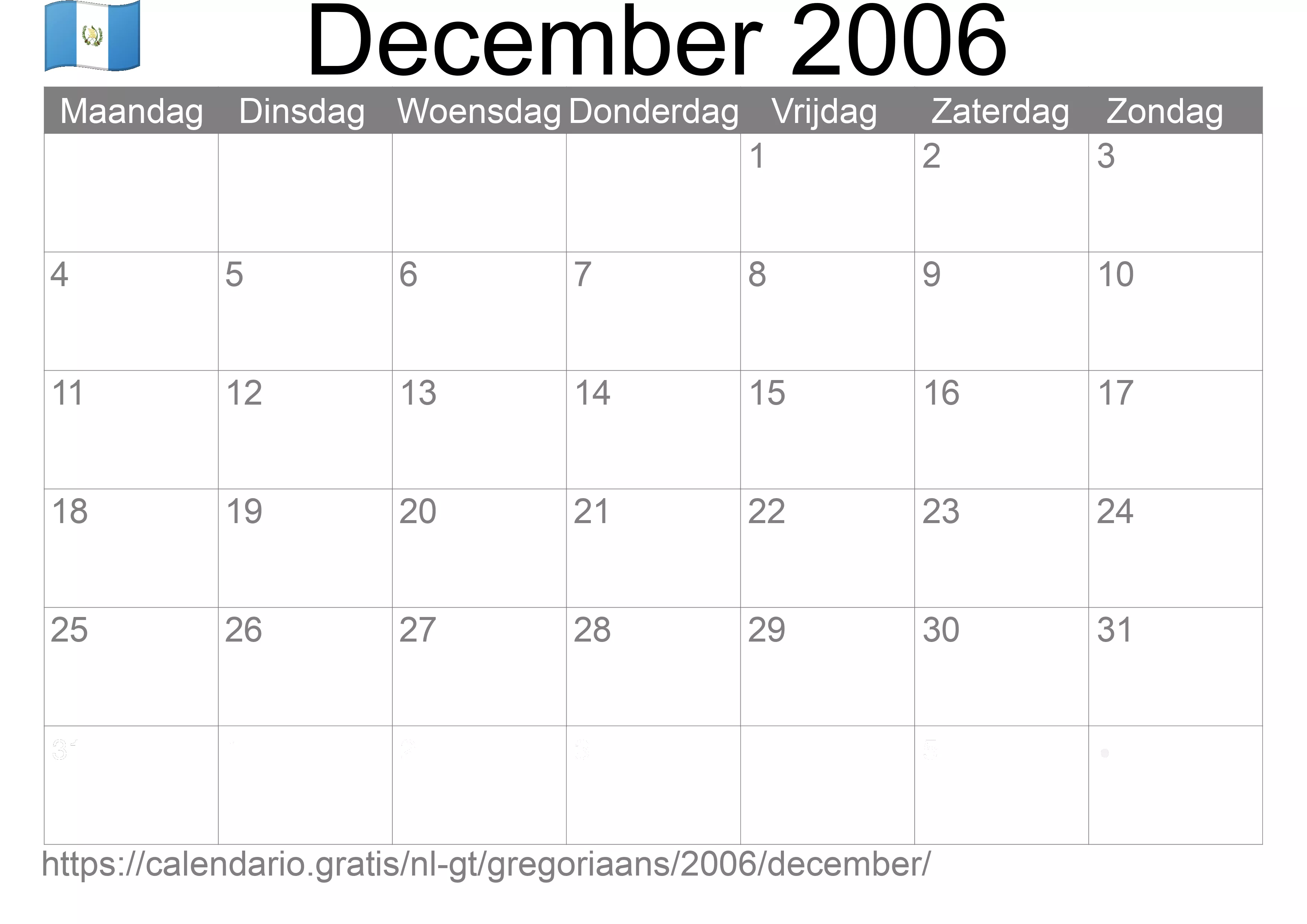 Kalender December 2006 om af te drukken (Guatemala)