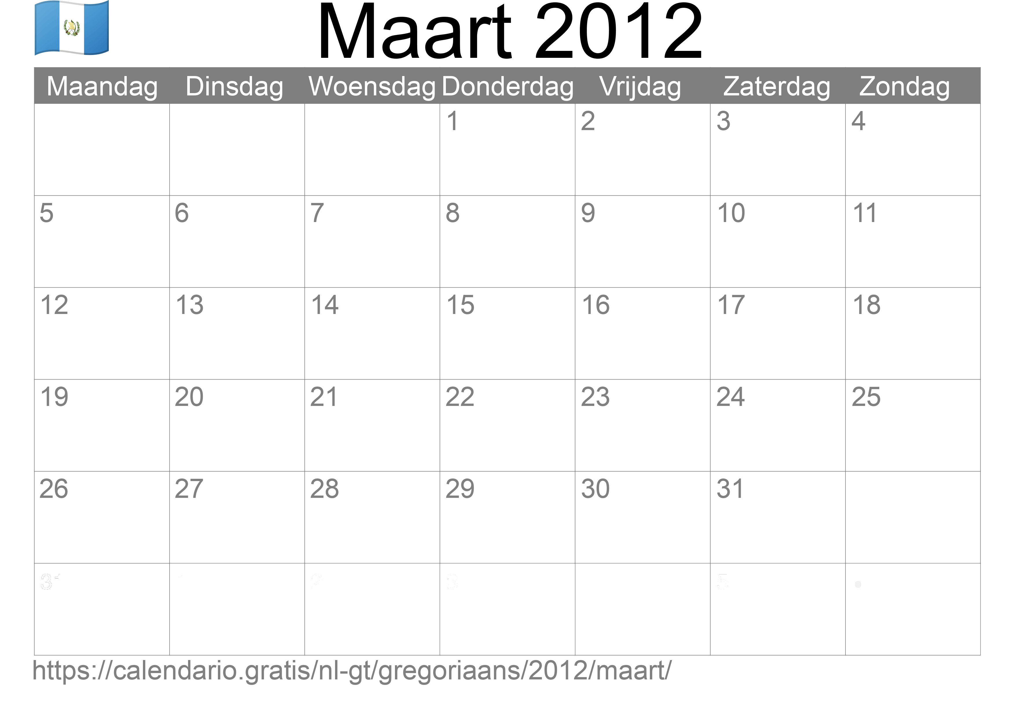 Kalender Maart 2012 om af te drukken