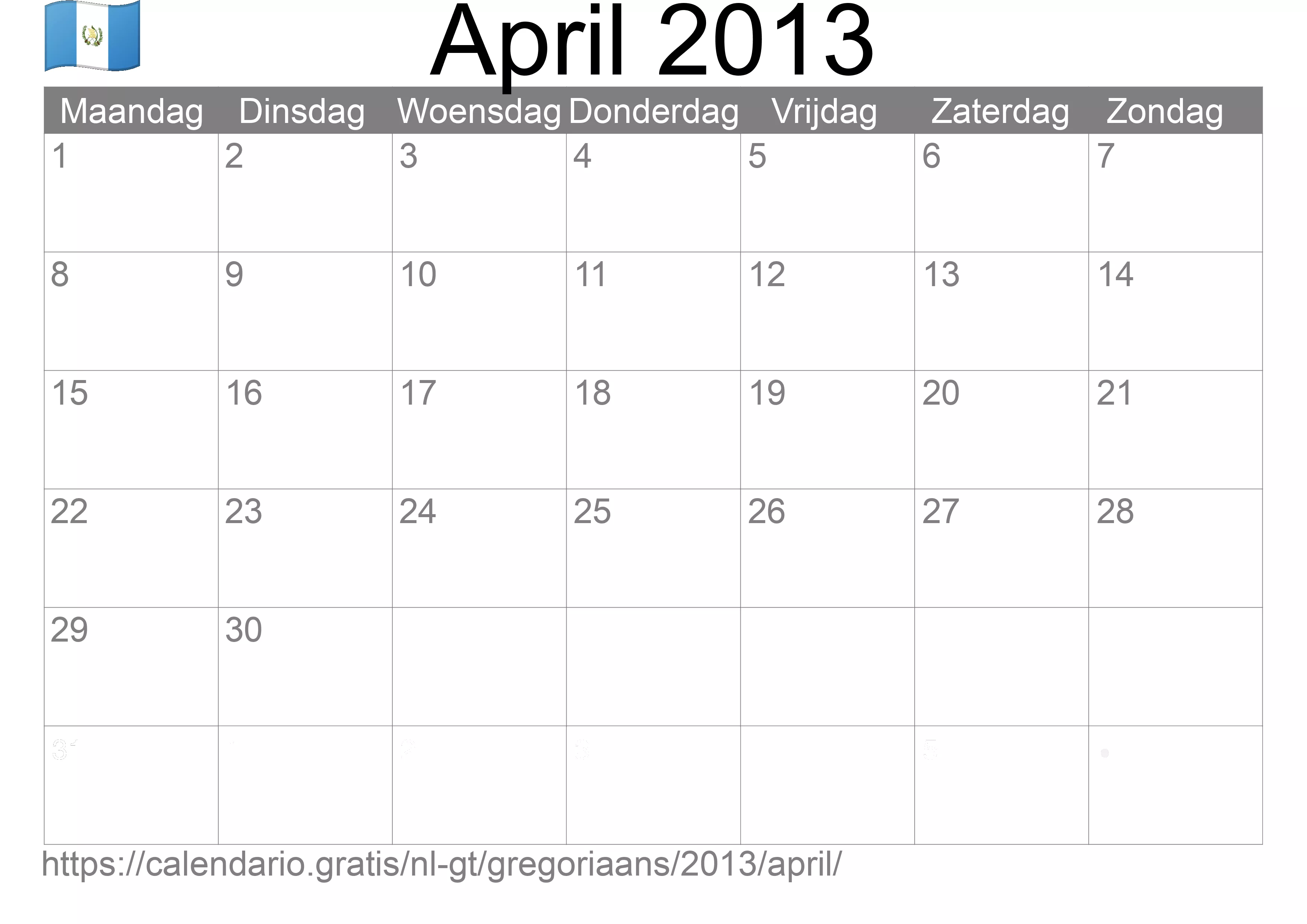 Kalender April 2013 om af te drukken (Guatemala)