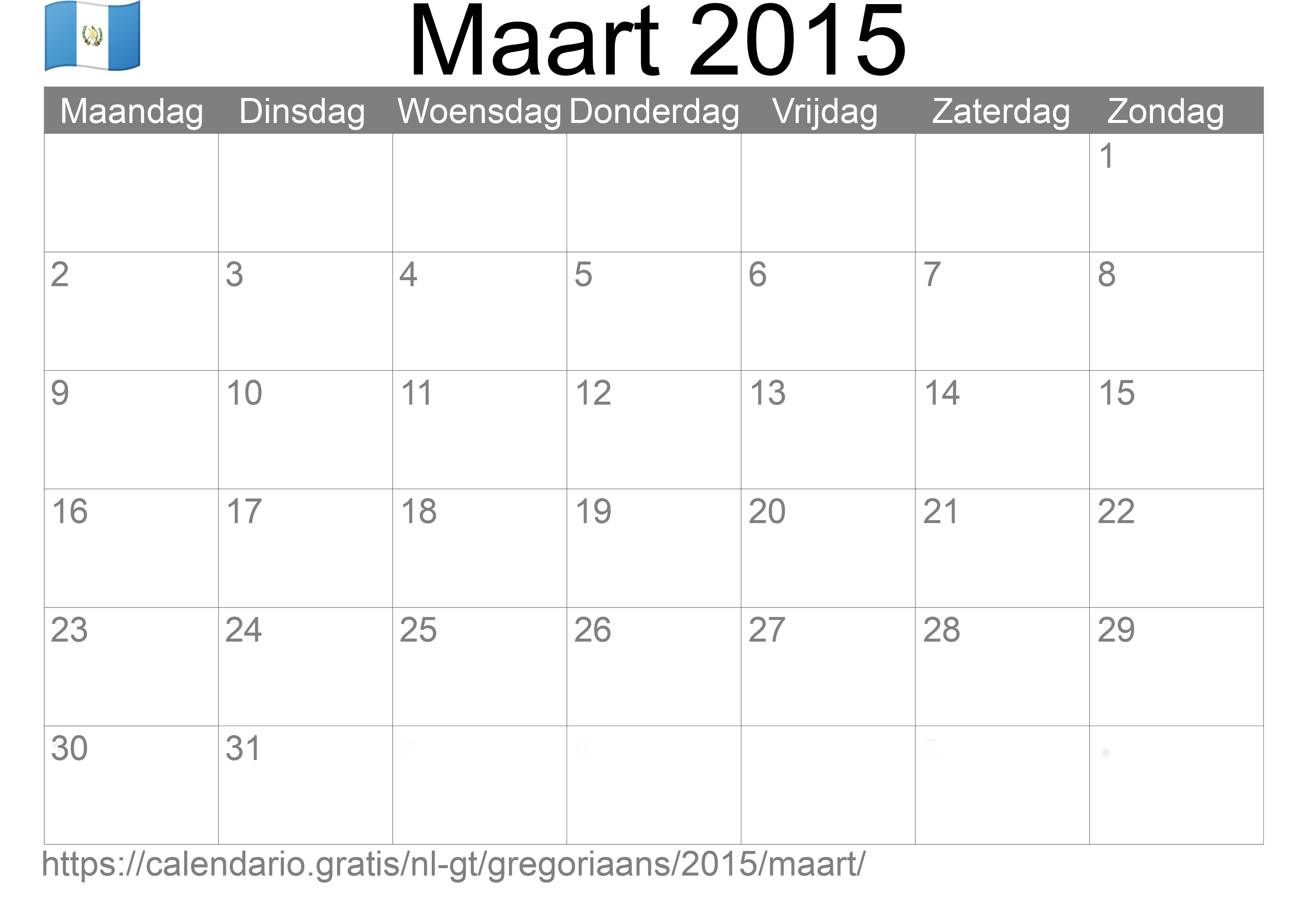 Kalender Maart 2015 om af te drukken