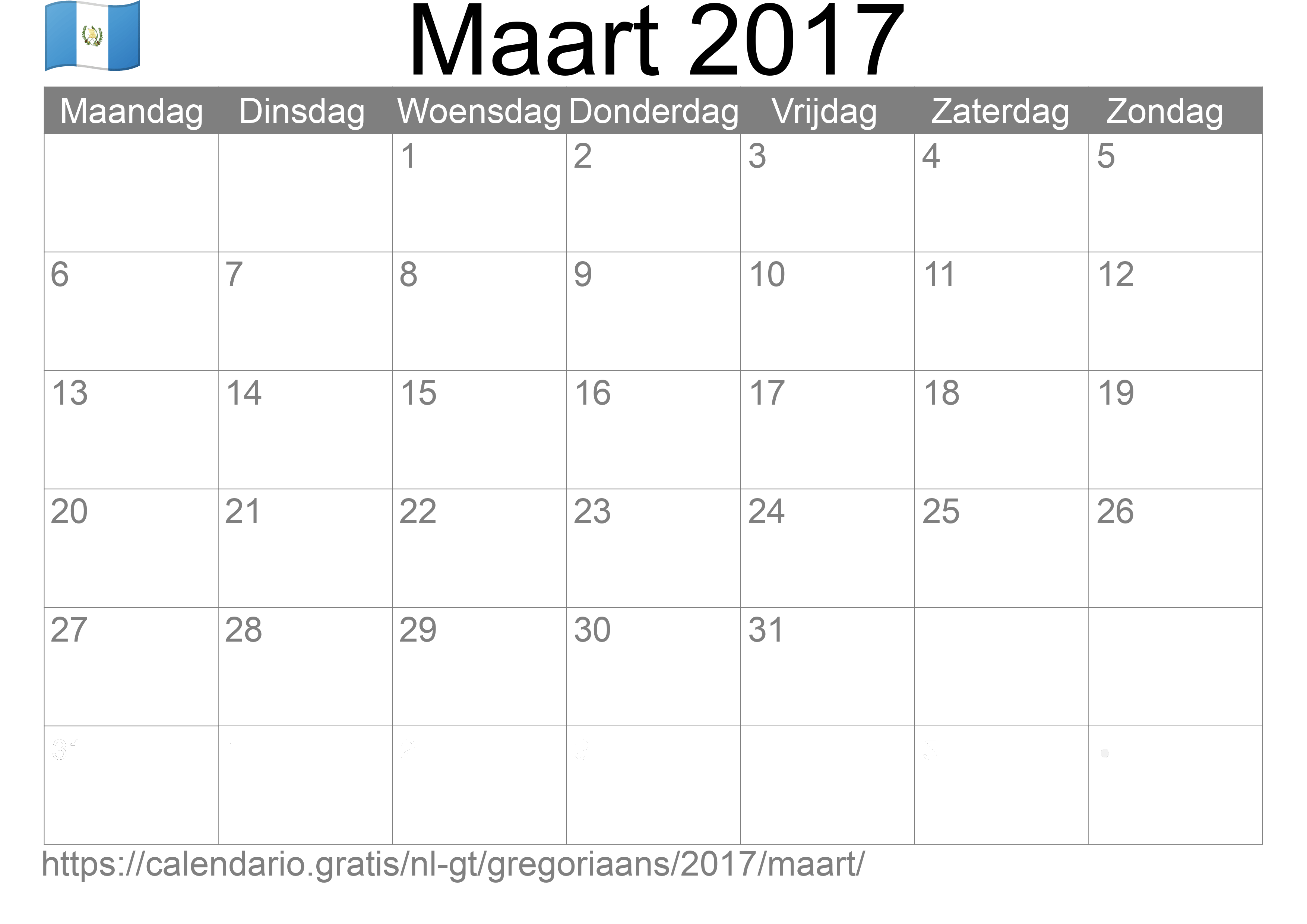 Kalender Maart 2017 om af te drukken