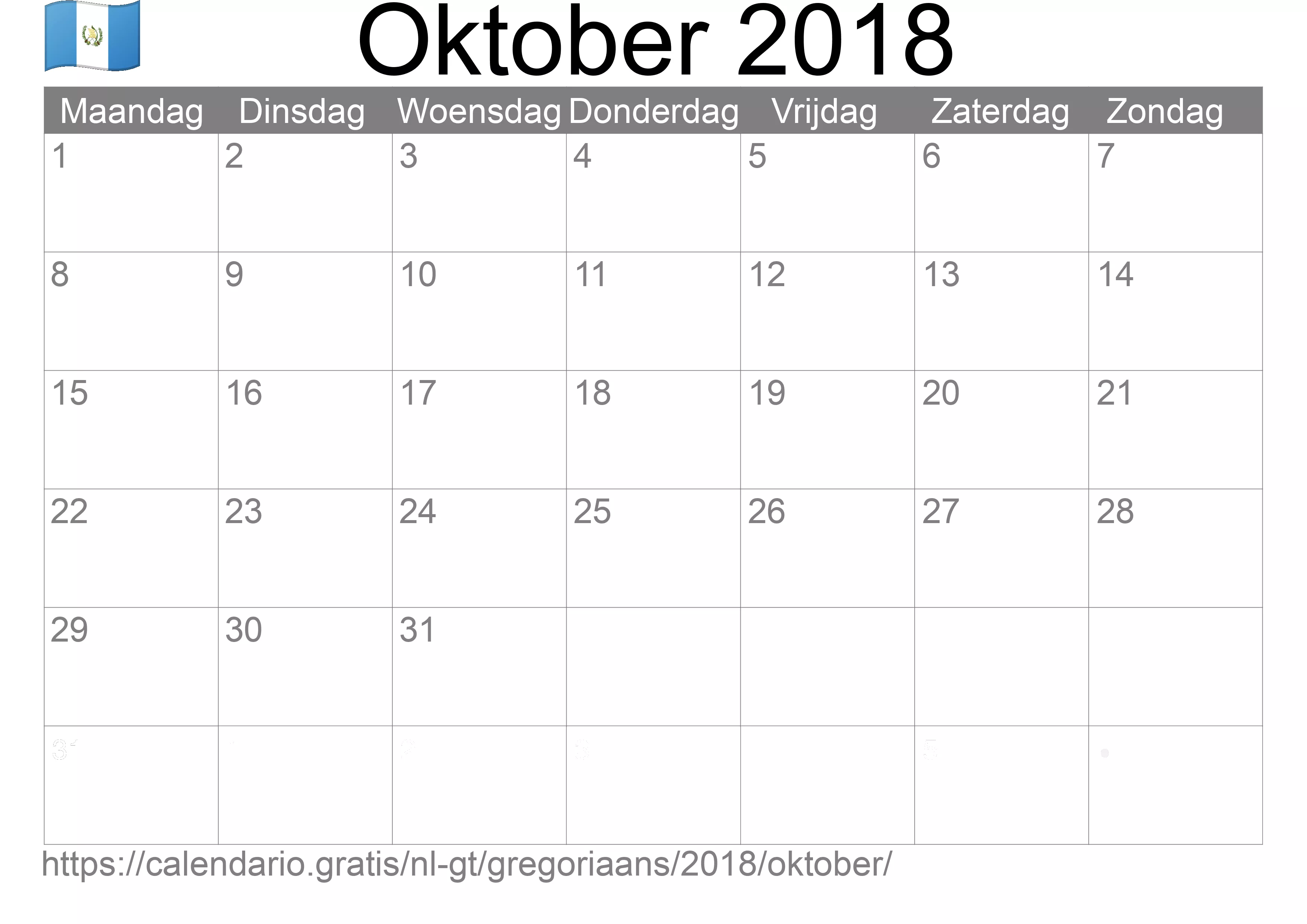 Kalender Oktober 2018 om af te drukken (Guatemala)
