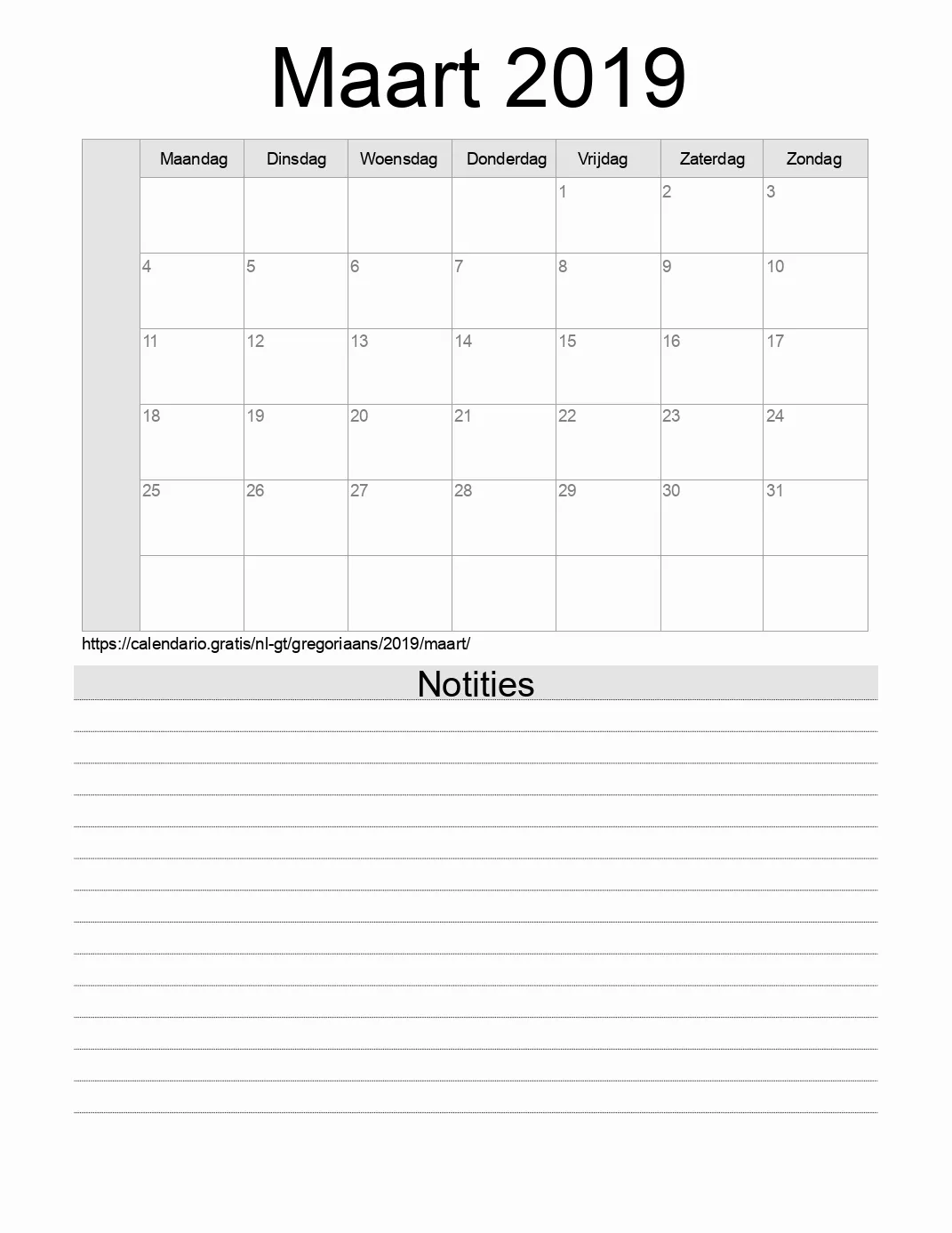 Kalender voor Maart 2019 om af te drukken met notities. (Guatemala)