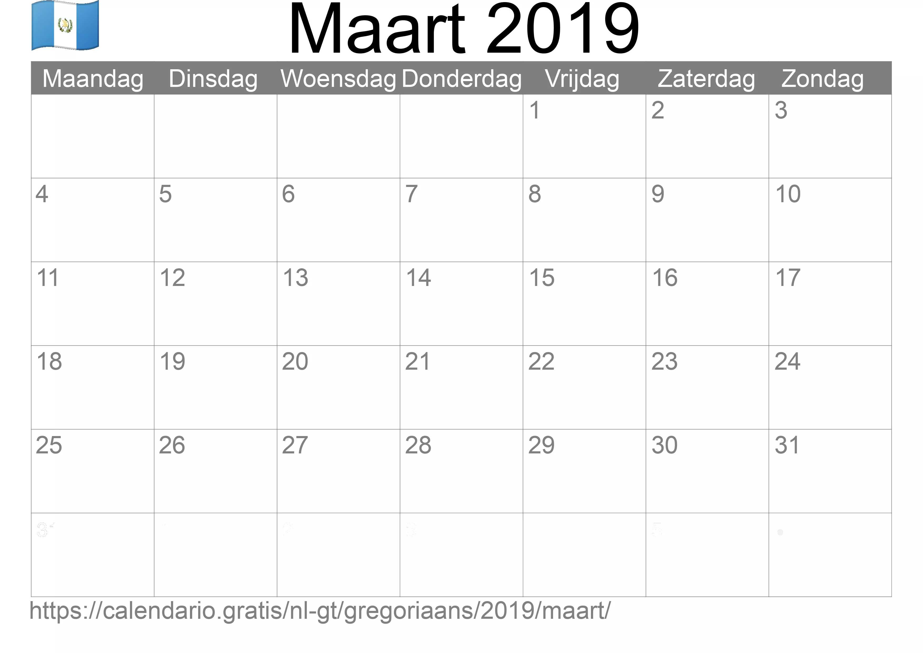 Kalender Maart 2019 om af te drukken (Guatemala)