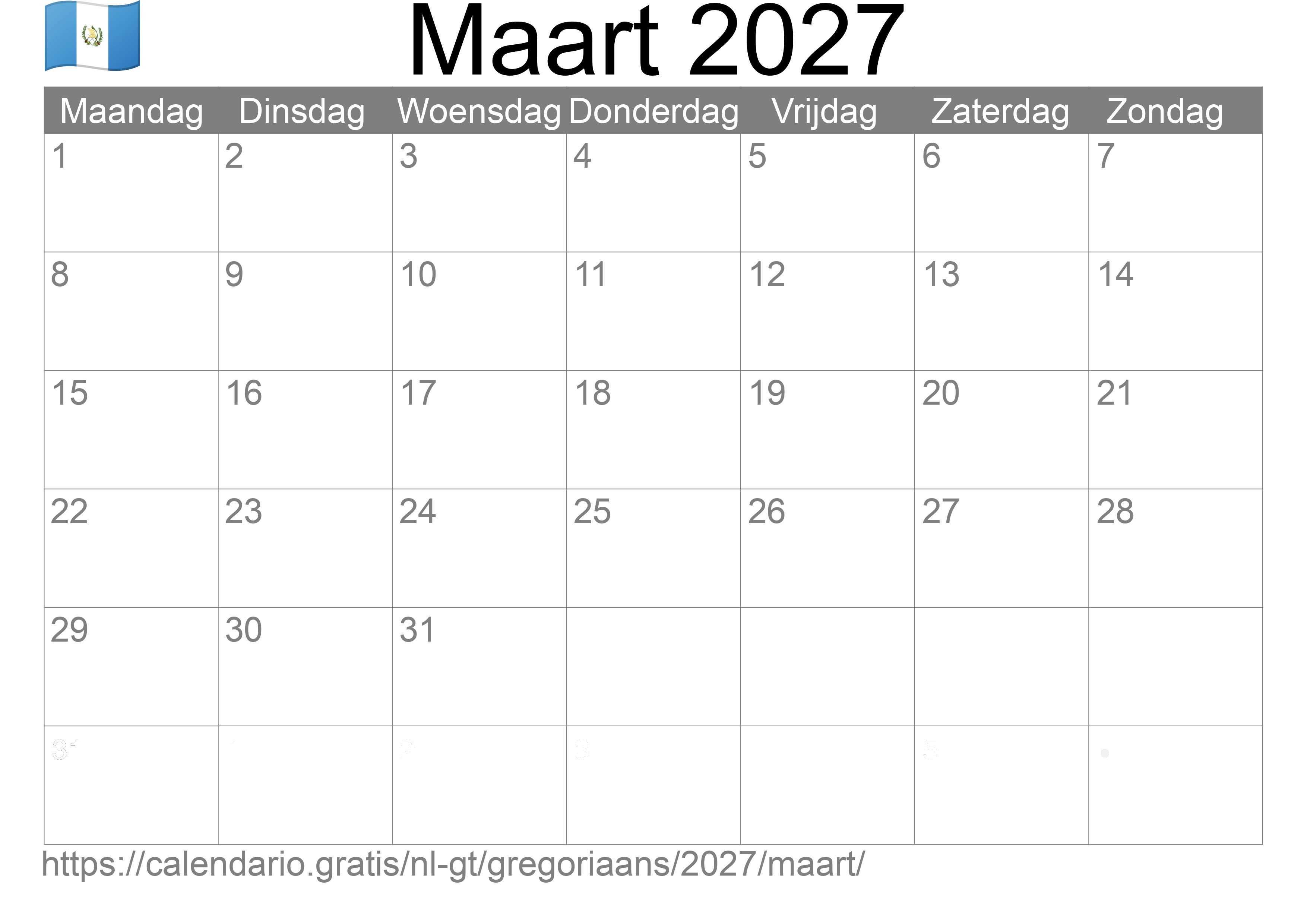 Kalender Maart 2027 om af te drukken