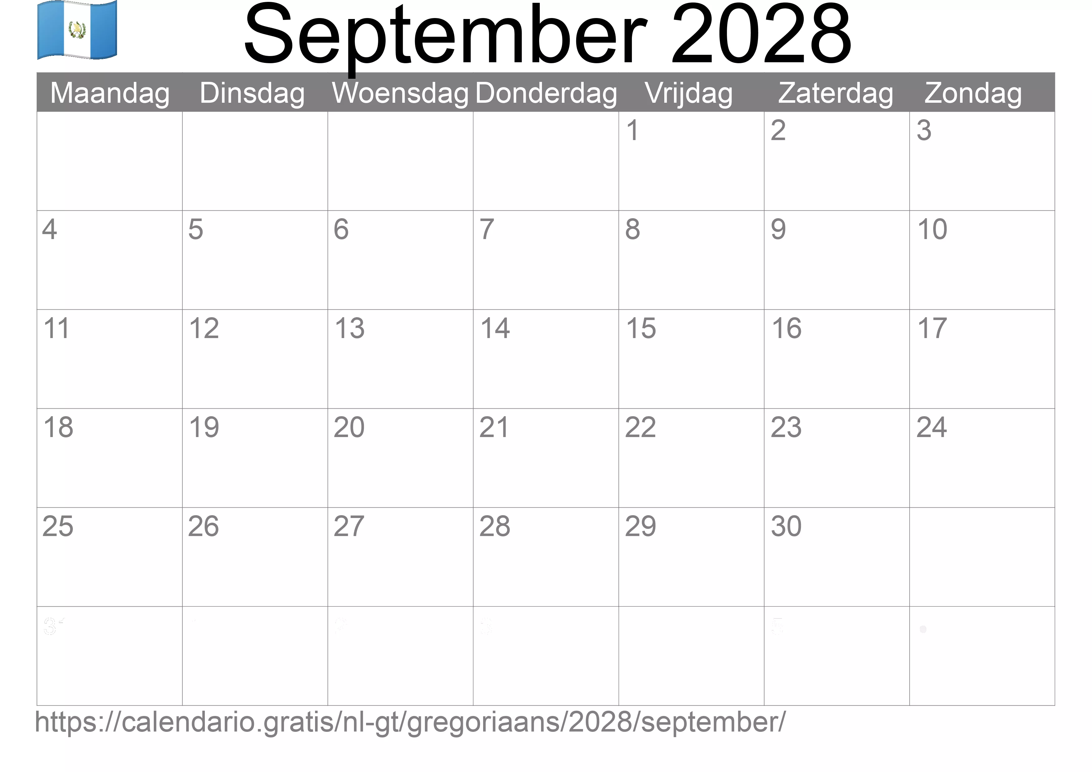 Kalender September 2028 om af te drukken (Guatemala)