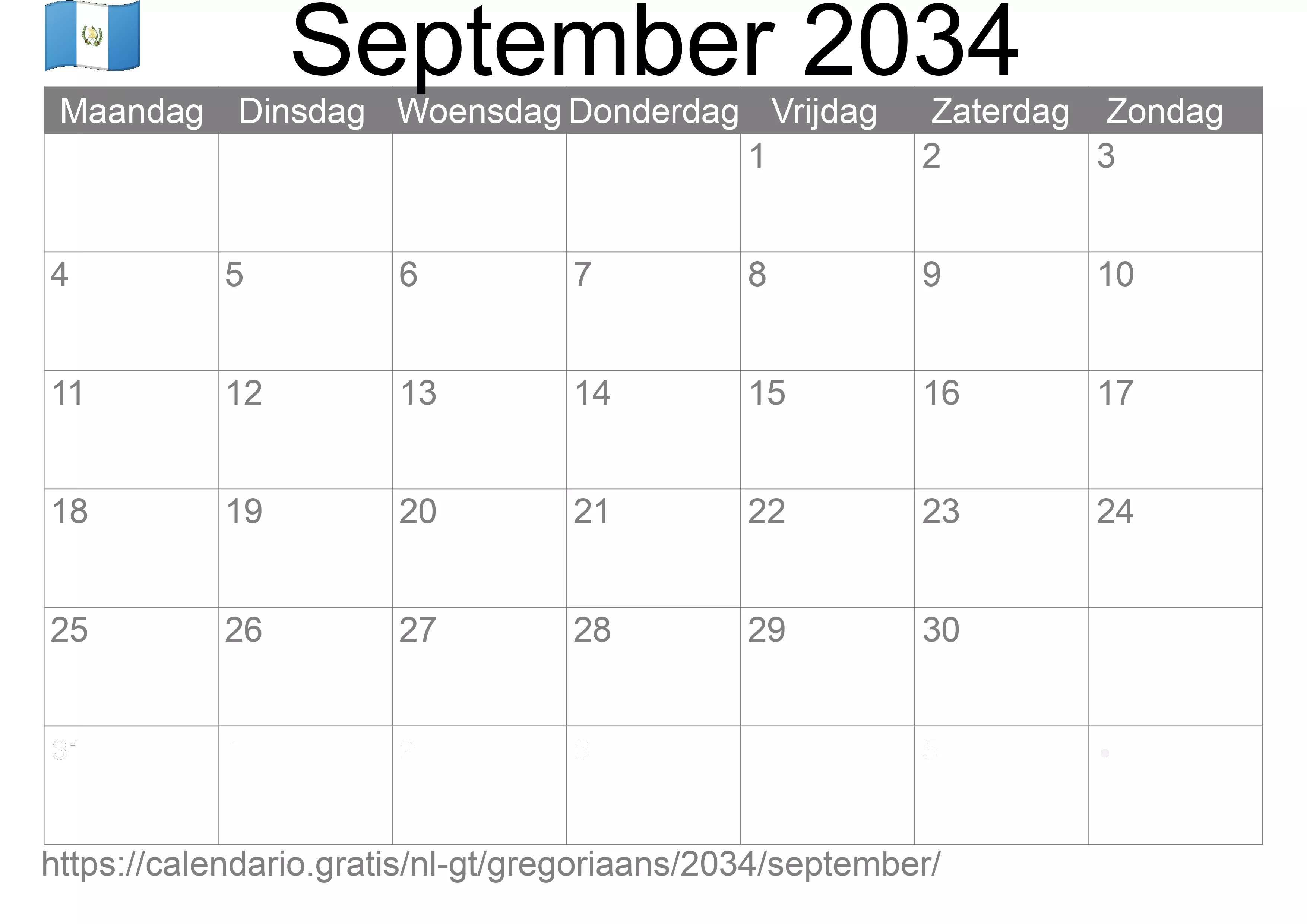 Kalender September 2034 om af te drukken (Guatemala)