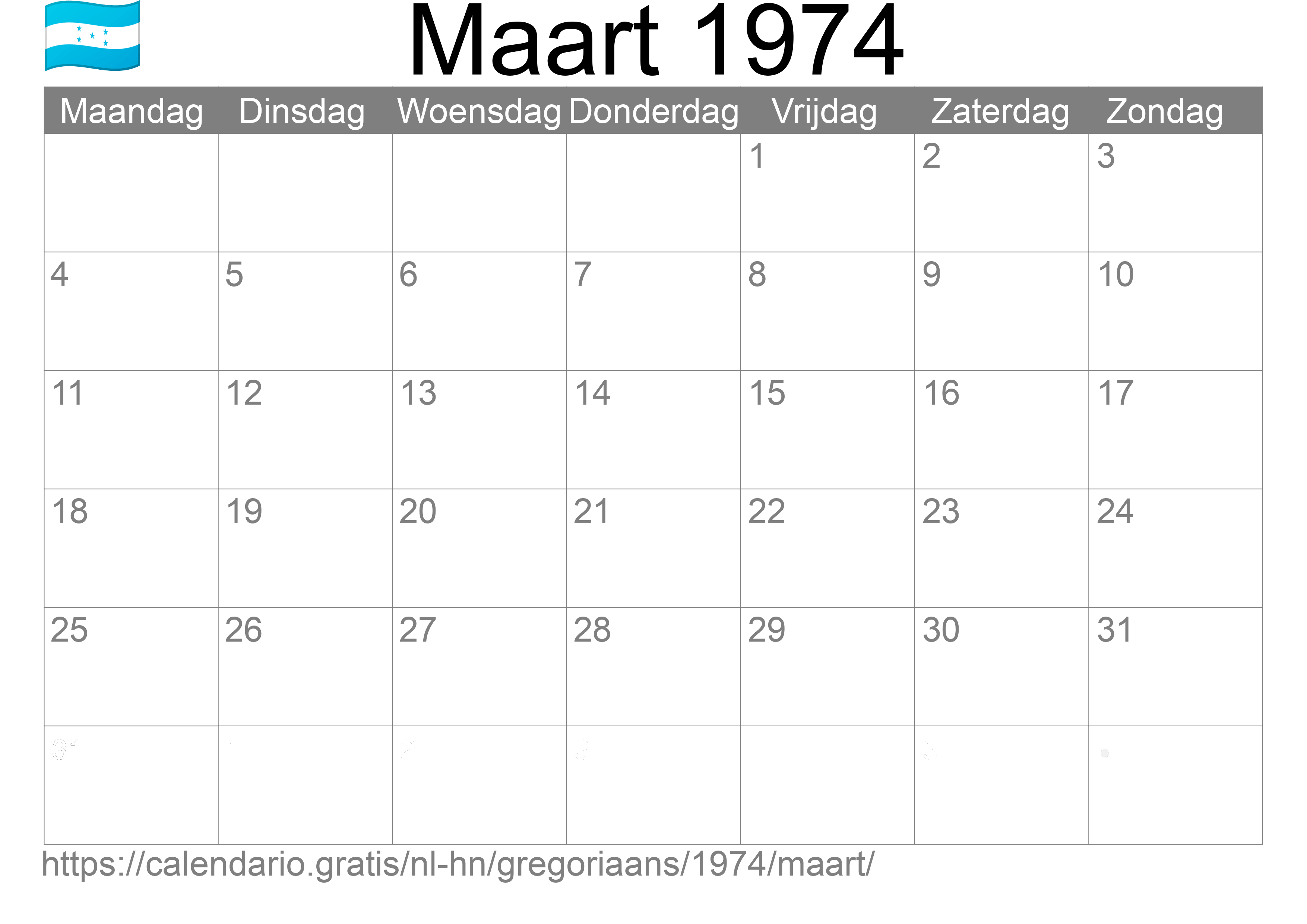 Kalender Maart 1974 om af te drukken