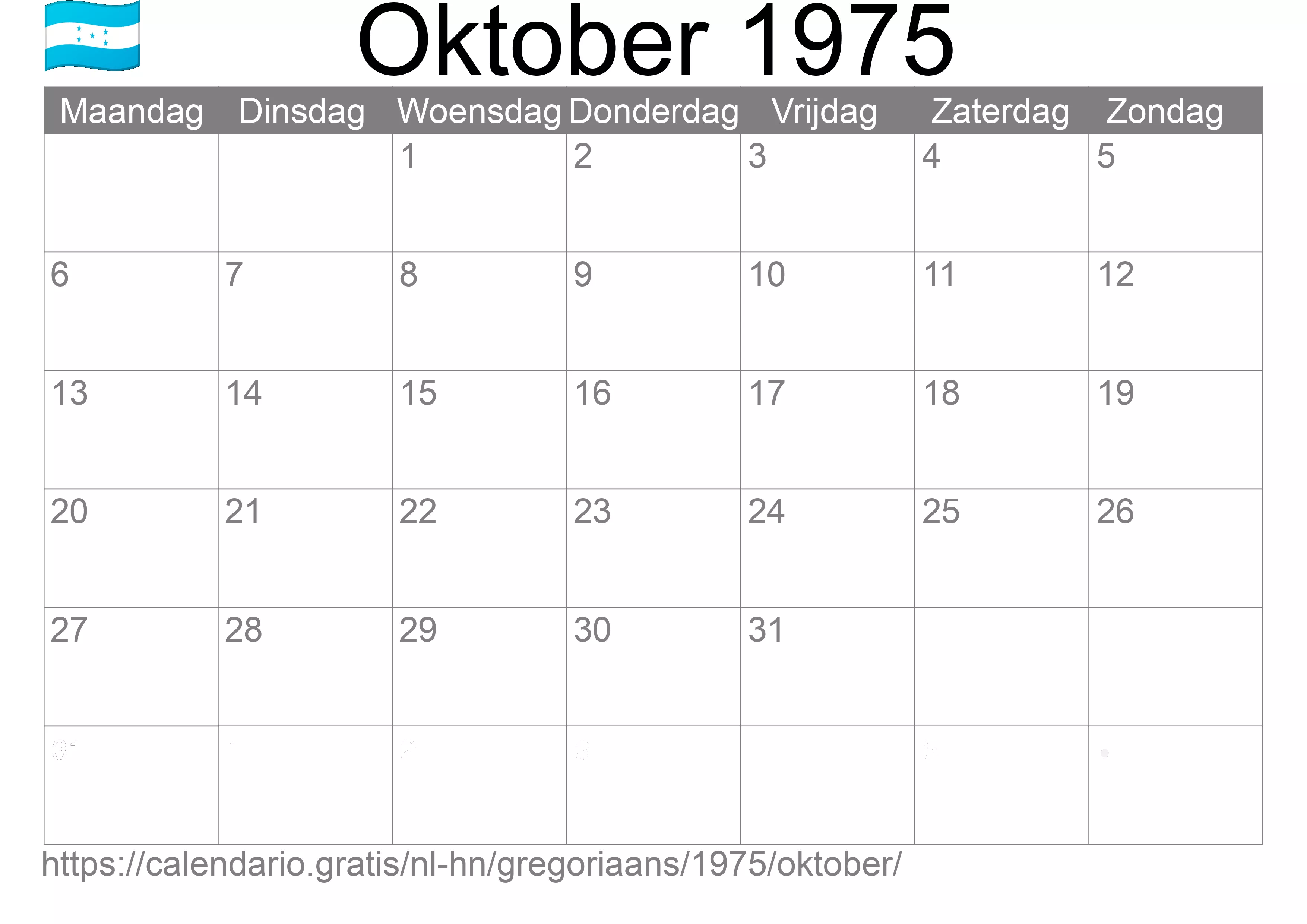 Kalender Oktober 1975 om af te drukken (Honduras)