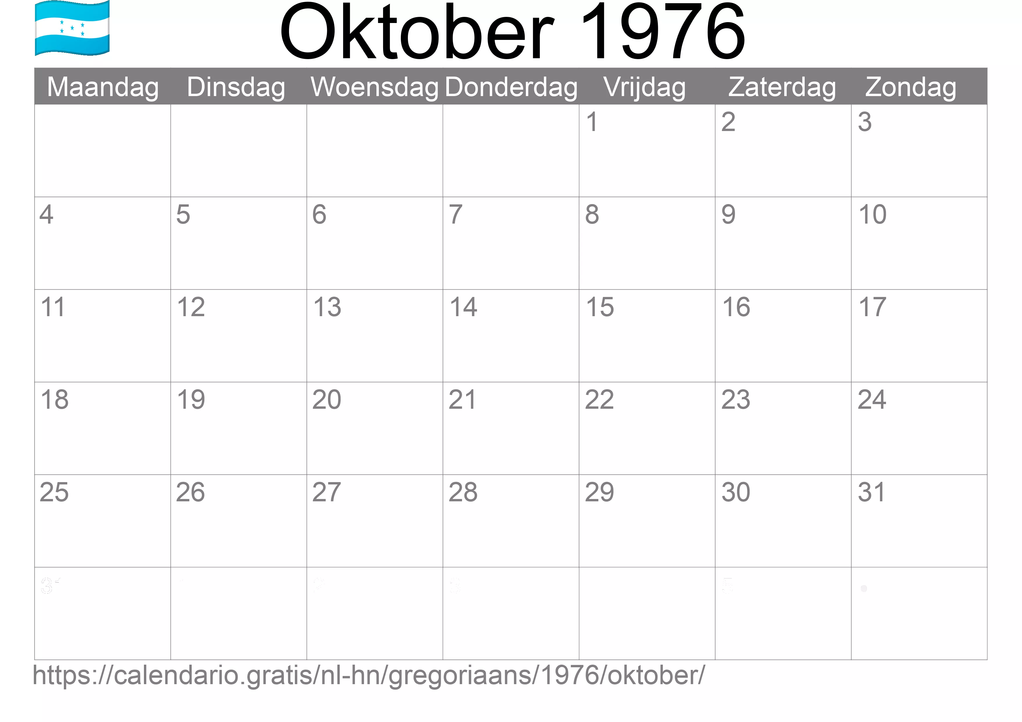 Kalender Oktober 1976 om af te drukken (Honduras)