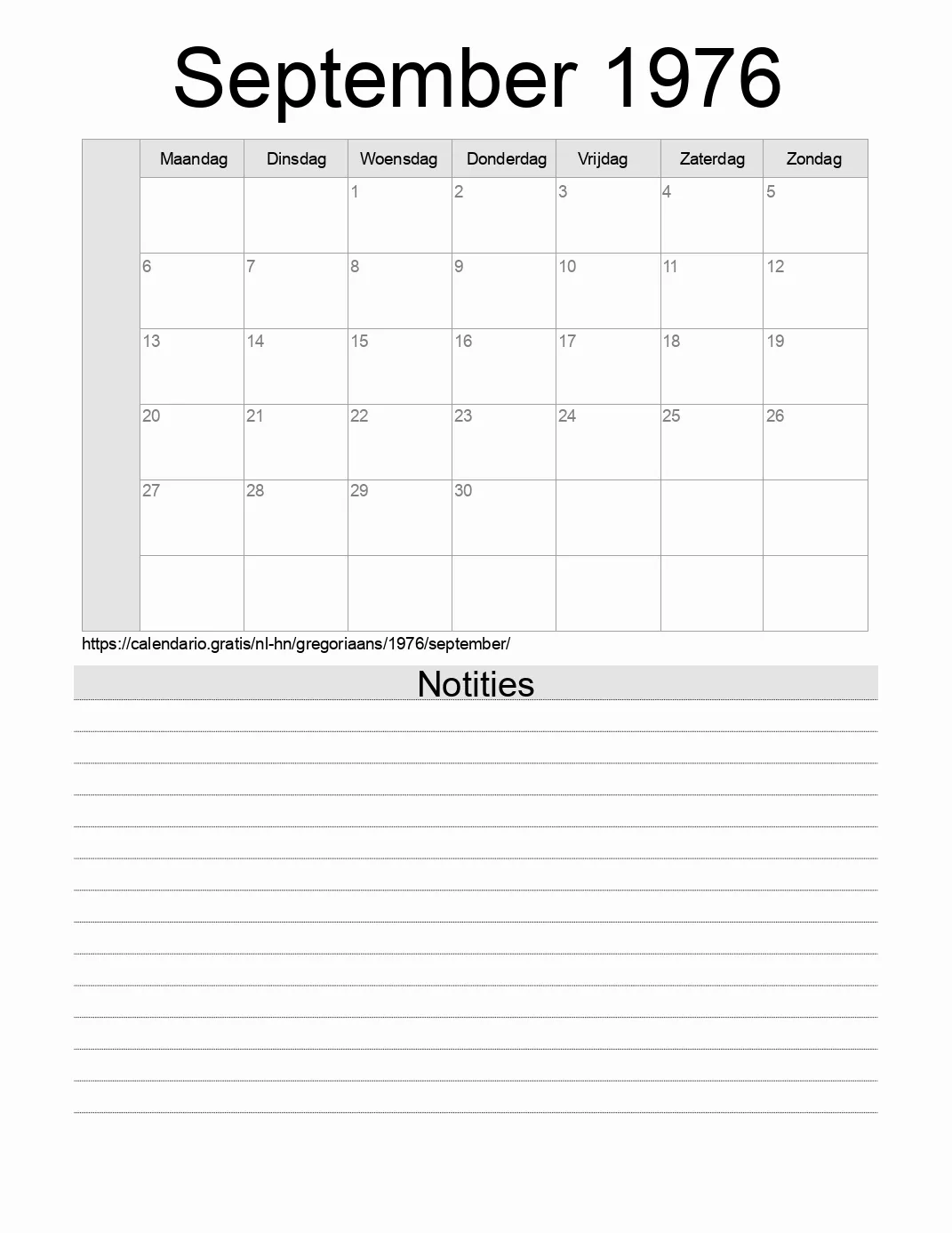 Kalender voor September 1976 om af te drukken met notities. (Honduras)